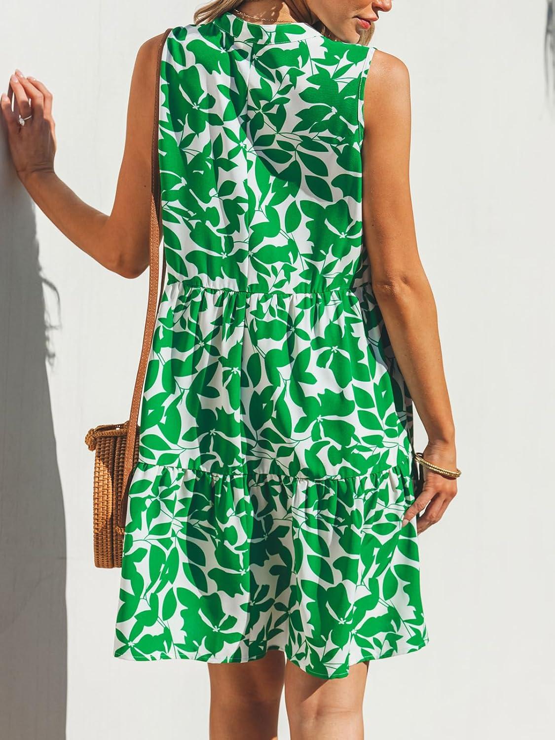 imageCUPSHE Womens Ruffle Beach Mini Dress Split V Neck A Line Sleeveless Geometric Stripe Tropical Leaf Pattern Summer DressesGreen Tropics