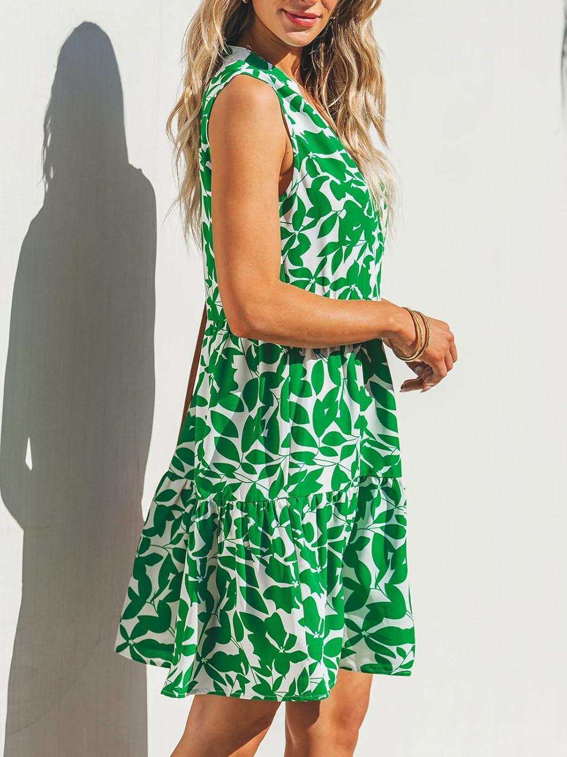 imageCUPSHE Womens Ruffle Beach Mini Dress Split V Neck A Line Sleeveless Geometric Stripe Tropical Leaf Pattern Summer DressesGreen Tropics