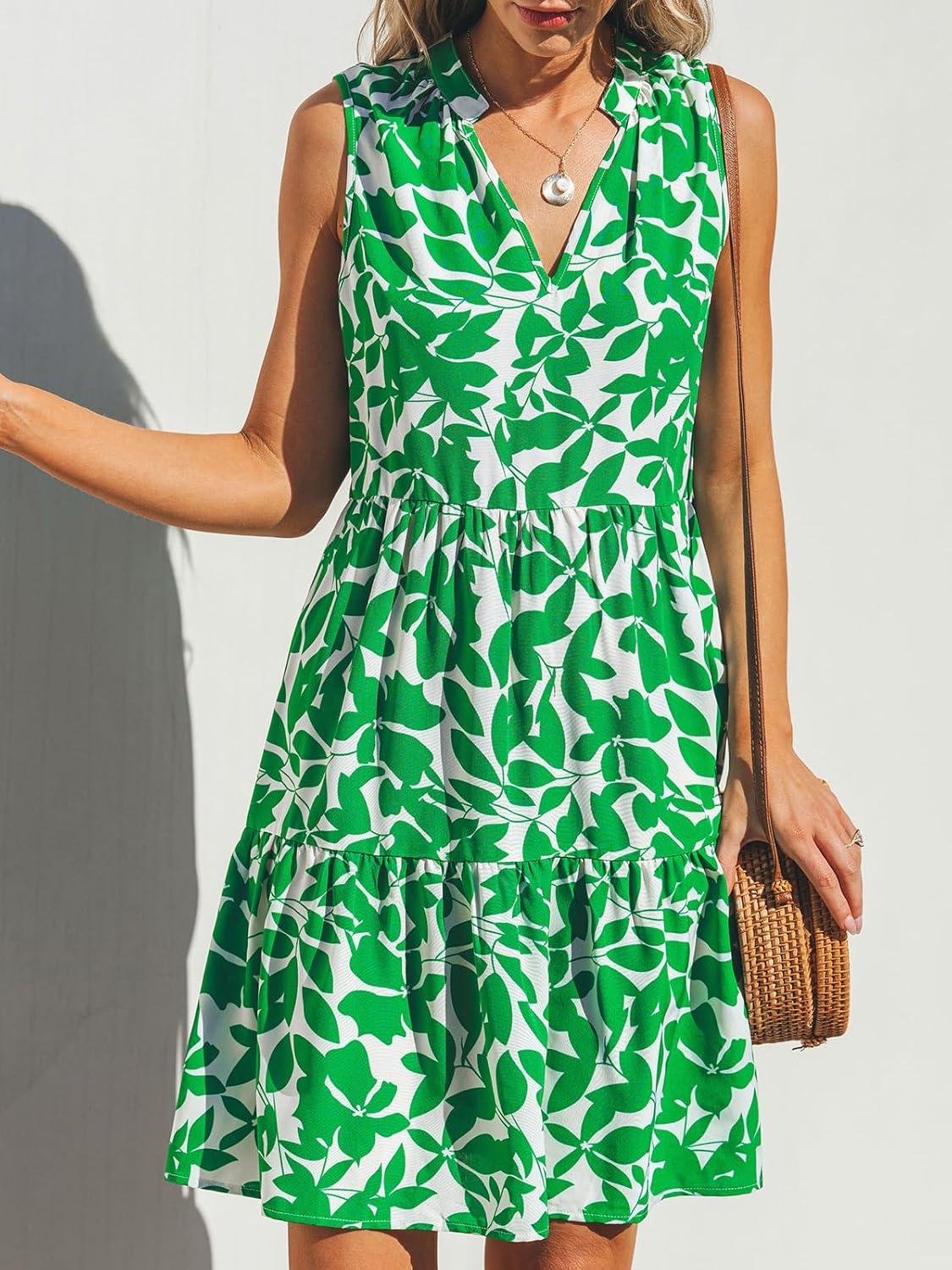 imageCUPSHE Womens Ruffle Beach Mini Dress Split V Neck A Line Sleeveless Geometric Stripe Tropical Leaf Pattern Summer DressesGreen Tropics