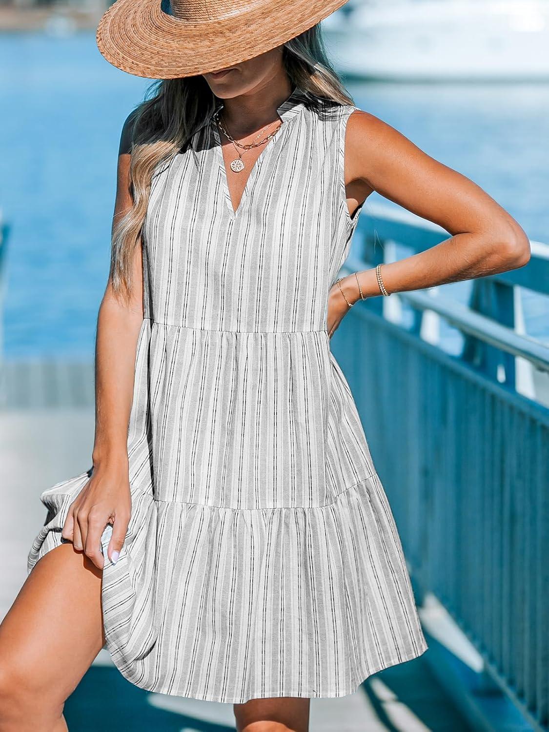 imageCUPSHE Womens Ruffle Beach Mini Dress Split V Neck A Line Sleeveless Geometric Stripe Tropical Leaf Pattern Summer DressesGrey Striped