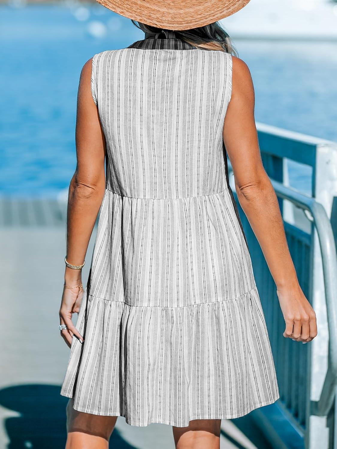 imageCUPSHE Womens Ruffle Beach Mini Dress Split V Neck A Line Sleeveless Geometric Stripe Tropical Leaf Pattern Summer DressesGrey Striped
