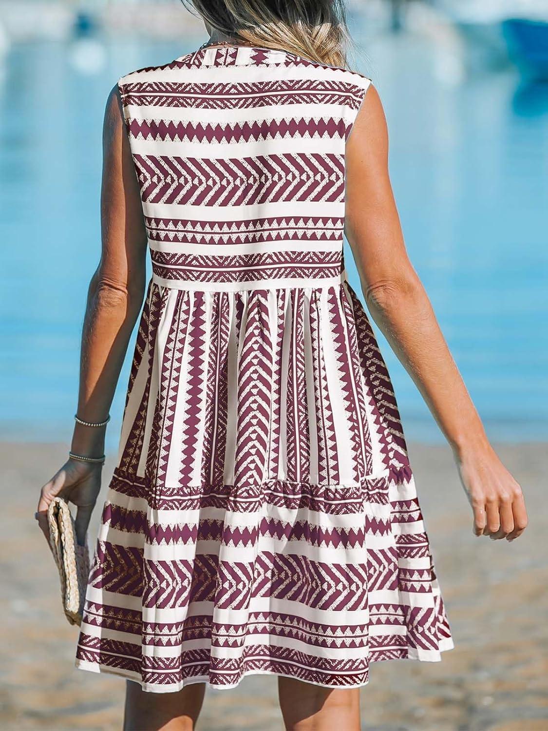 imageCUPSHE Womens Ruffle Beach Mini Dress Split V Neck A Line Sleeveless Geometric Stripe Tropical Leaf Pattern Summer DressesRed Geometric