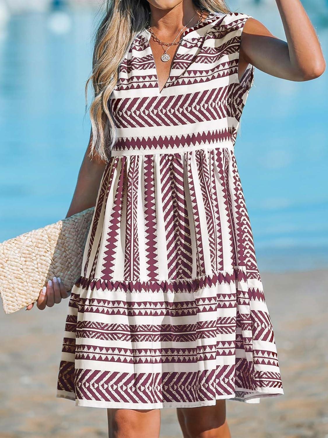 imageCUPSHE Womens Ruffle Beach Mini Dress Split V Neck A Line Sleeveless Geometric Stripe Tropical Leaf Pattern Summer DressesRed Geometric