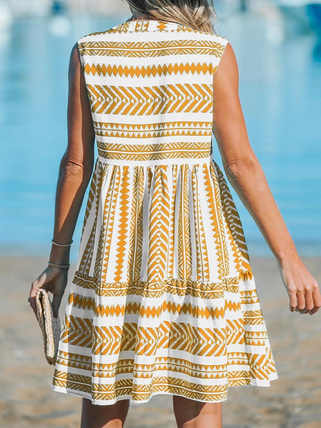 imageCUPSHE Womens Ruffle Beach Mini Dress Split V Neck A Line Sleeveless Geometric Stripe Tropical Leaf Pattern Summer DressesYellow Geometric