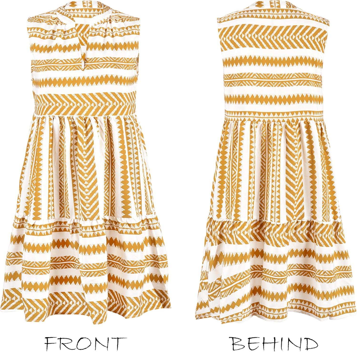 imageCUPSHE Womens Ruffle Beach Mini Dress Split V Neck A Line Sleeveless Geometric Stripe Tropical Leaf Pattern Summer DressesYellow Geometric