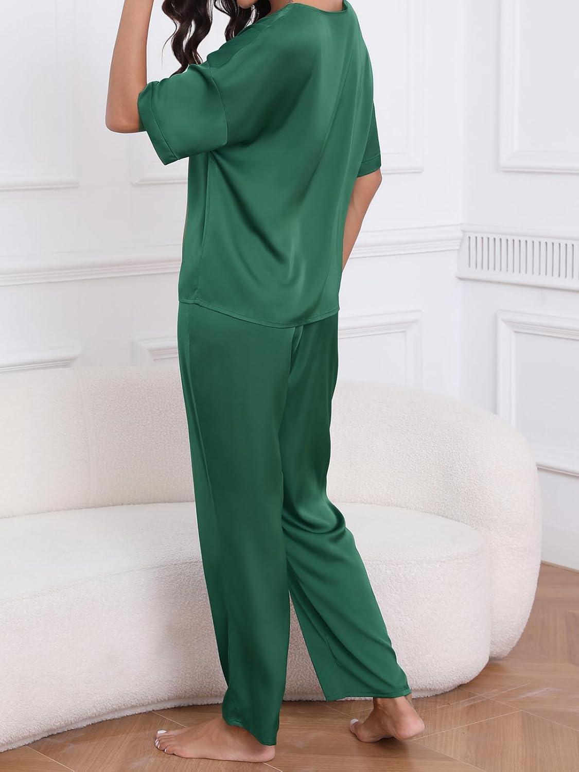 imageCUPSHE Womens Satin Silk Pajama Set Soft Pjs Sleepwear Short Sleeve Top with Long Pajama Pant SetBlue Green