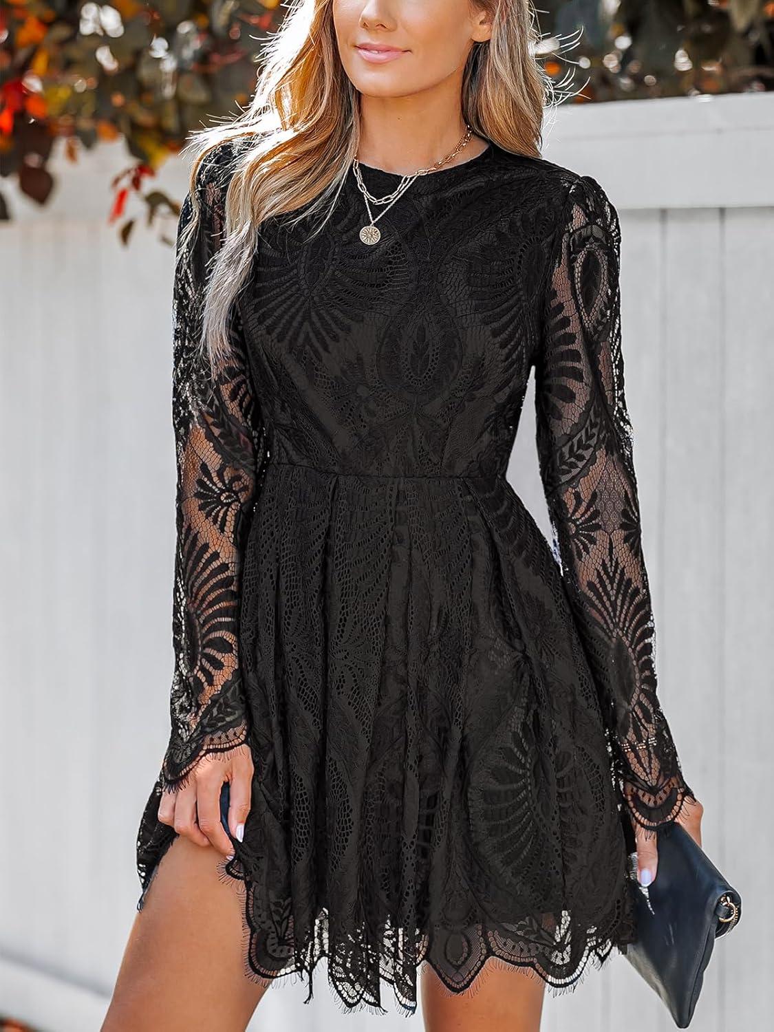 imageCUPSHE Womens Sheer Insert Scallop Trim Lace Coaktail Dress Long Sleeve Flared ALine Mini DressesBlack