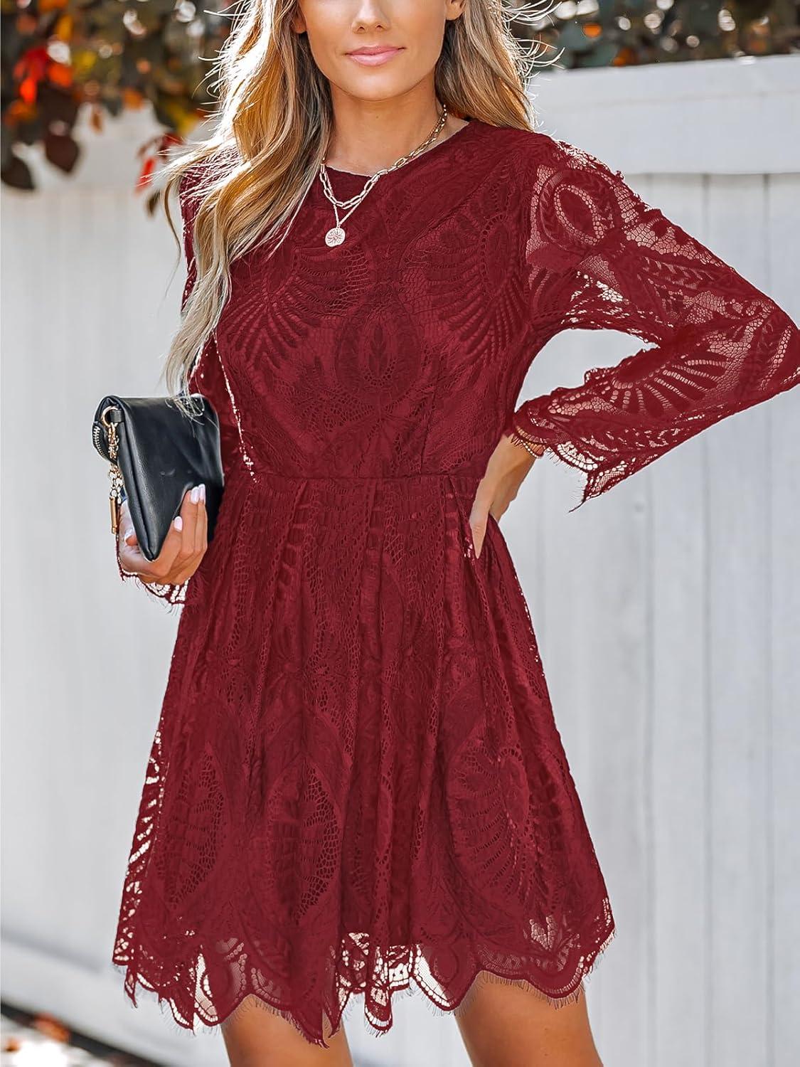 imageCUPSHE Womens Sheer Insert Scallop Trim Lace Coaktail Dress Long Sleeve Flared ALine Mini DressesBurgundy