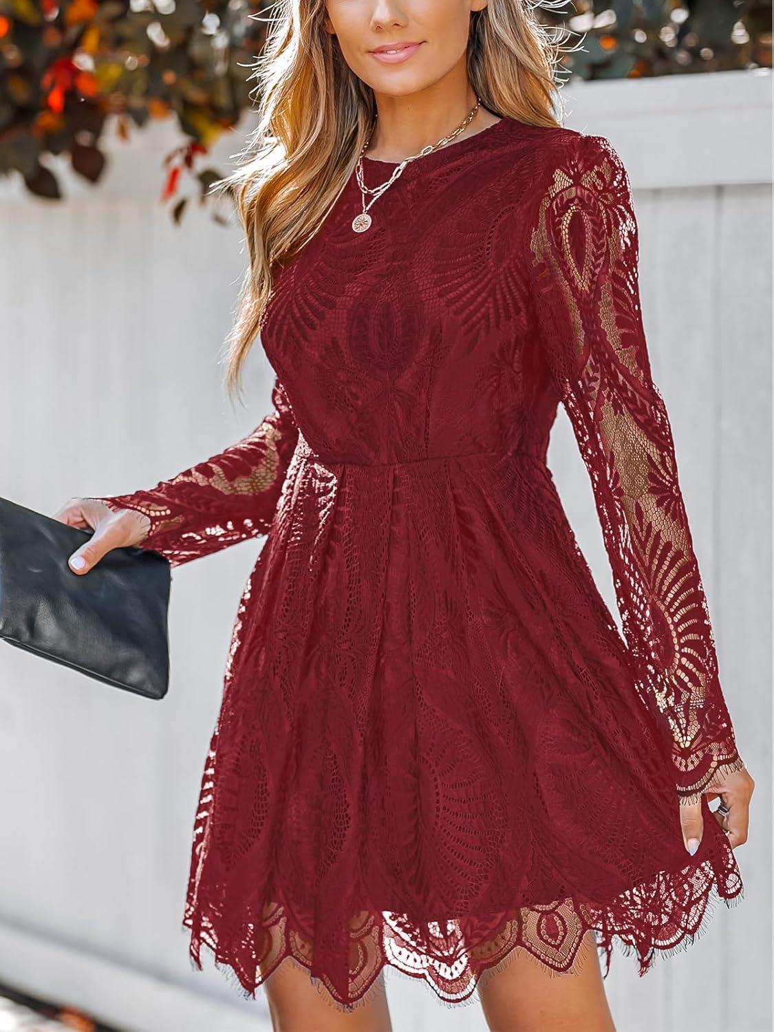 imageCUPSHE Womens Sheer Insert Scallop Trim Lace Coaktail Dress Long Sleeve Flared ALine Mini DressesBurgundy