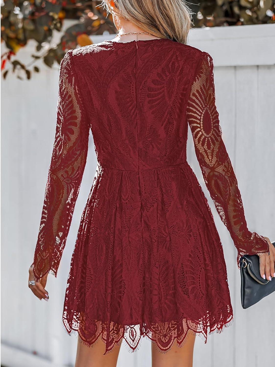 imageCUPSHE Womens Sheer Insert Scallop Trim Lace Coaktail Dress Long Sleeve Flared ALine Mini DressesBurgundy