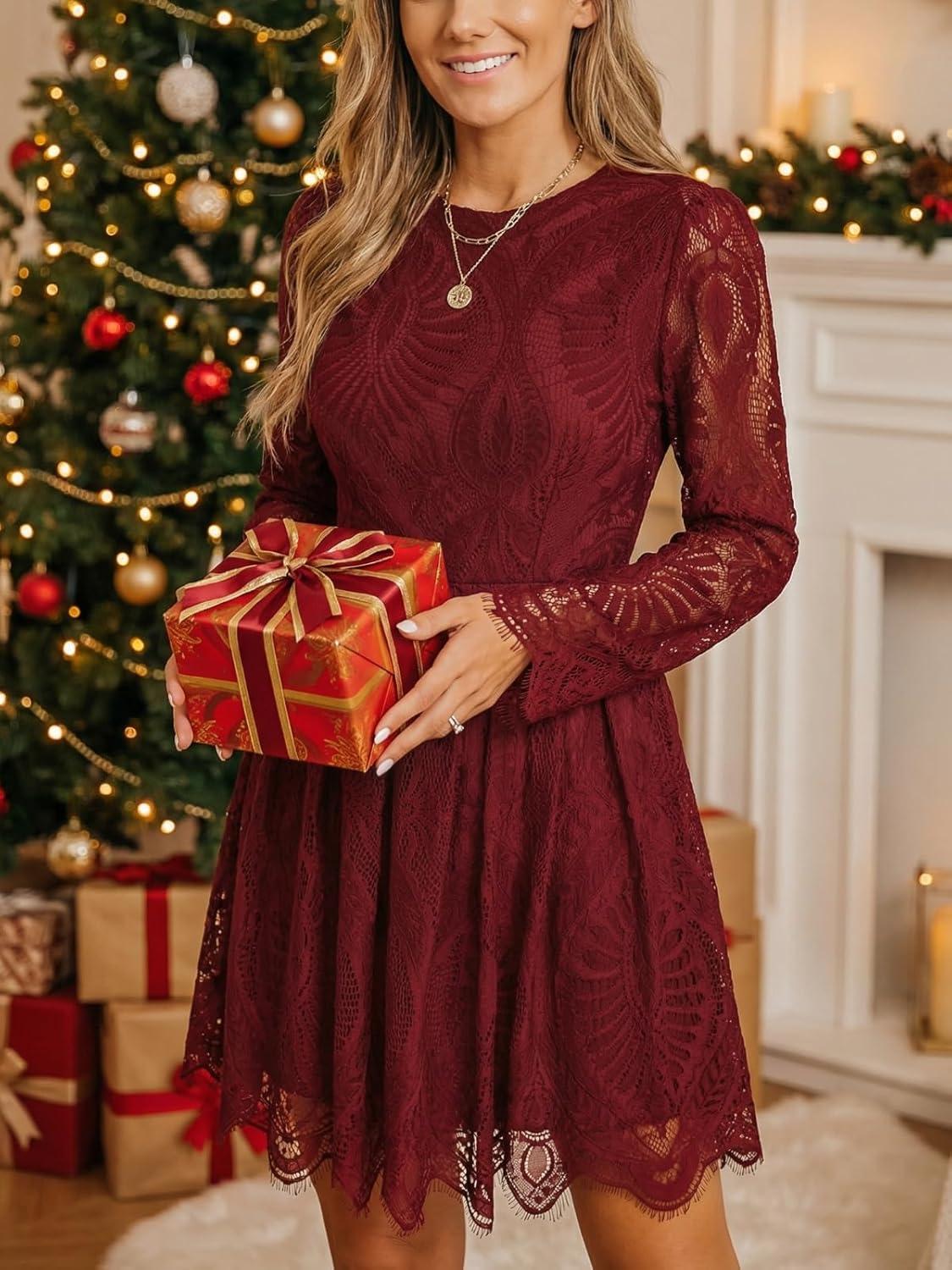 imageCUPSHE Womens Sheer Insert Scallop Trim Lace Coaktail Dress Long Sleeve Flared ALine Mini DressesBurgundy