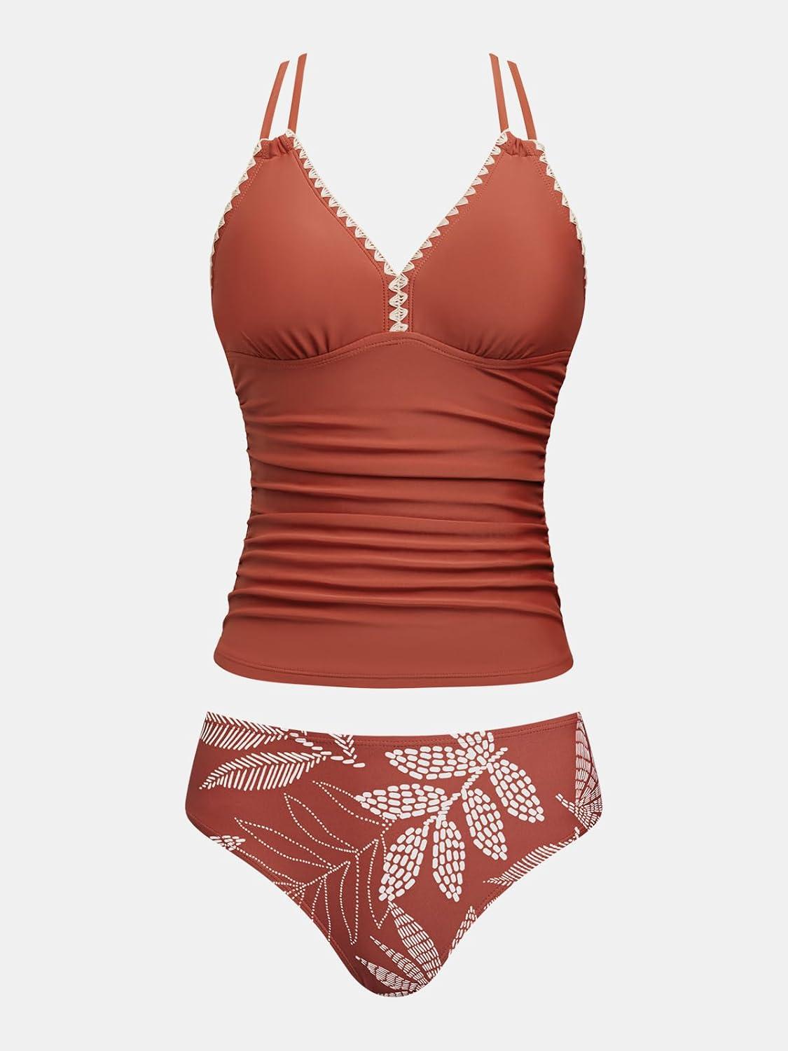 imageCUPSHE Womens Tankini Set Two Piece Bathing Suit Tummy Control Crisscross Back Tie Mid Rise Shell StitchedBrick RedTropical