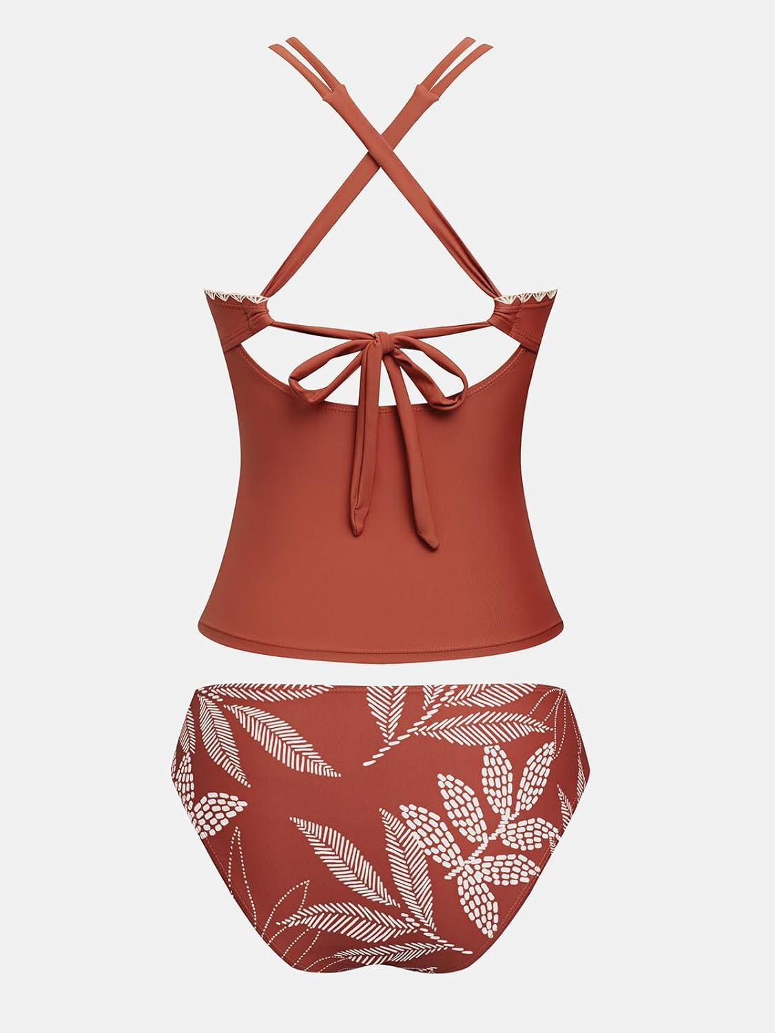 imageCUPSHE Womens Tankini Set Two Piece Bathing Suit Tummy Control Crisscross Back Tie Mid Rise Shell StitchedBrick RedTropical