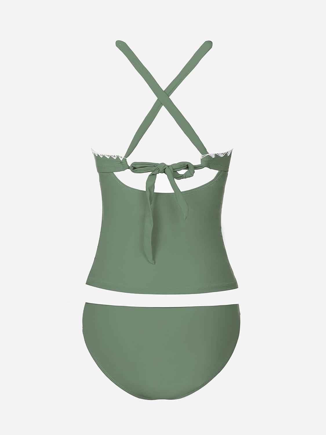 imageCUPSHE Womens Tankini Set Two Piece Bathing Suit Tummy Control Crisscross Back Tie Mid Rise Shell StitchedGreen