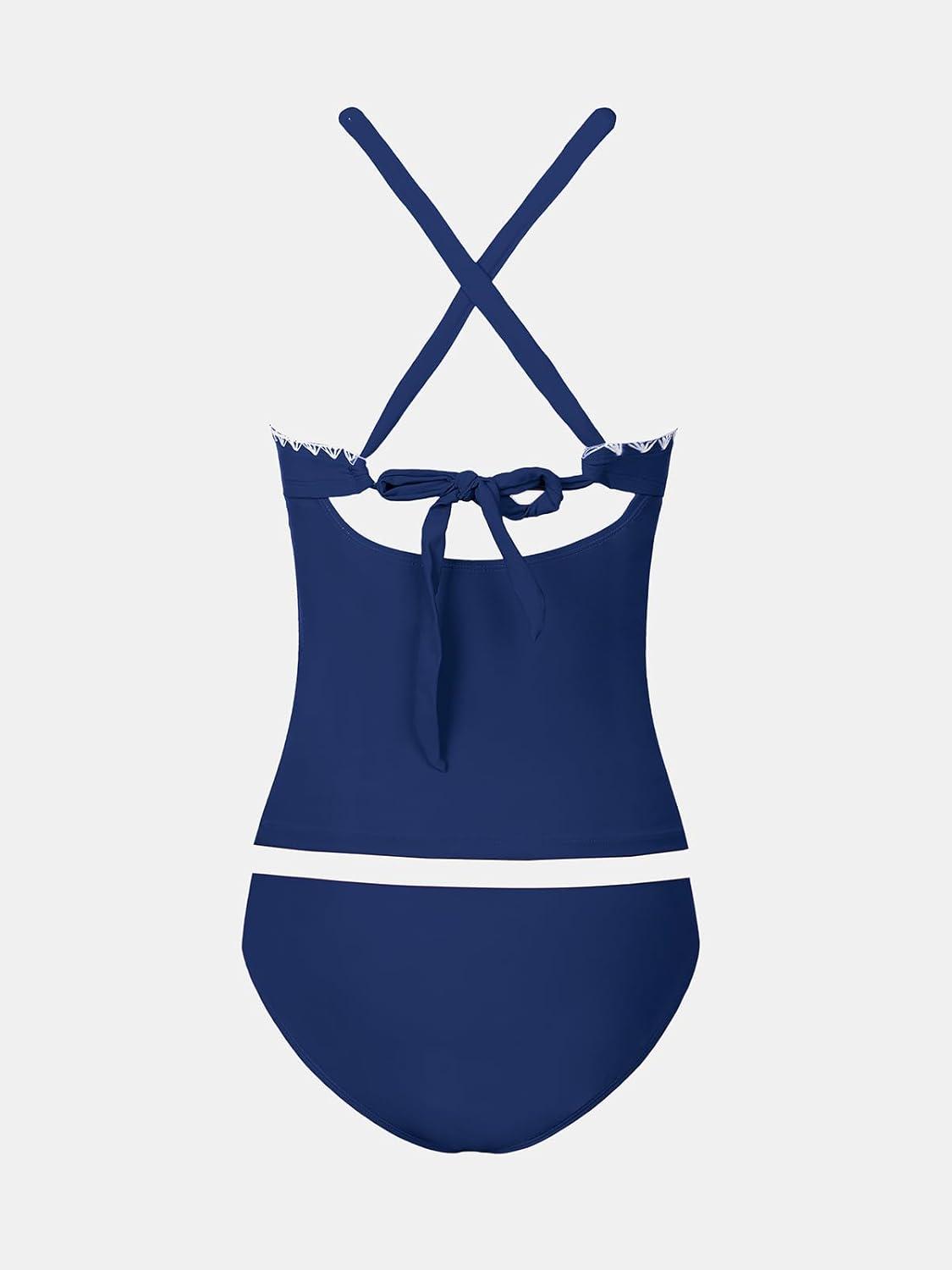 imageCUPSHE Womens Tankini Set Two Piece Bathing Suit Tummy Control Crisscross Back Tie Mid Rise Shell StitchedNavy Blue