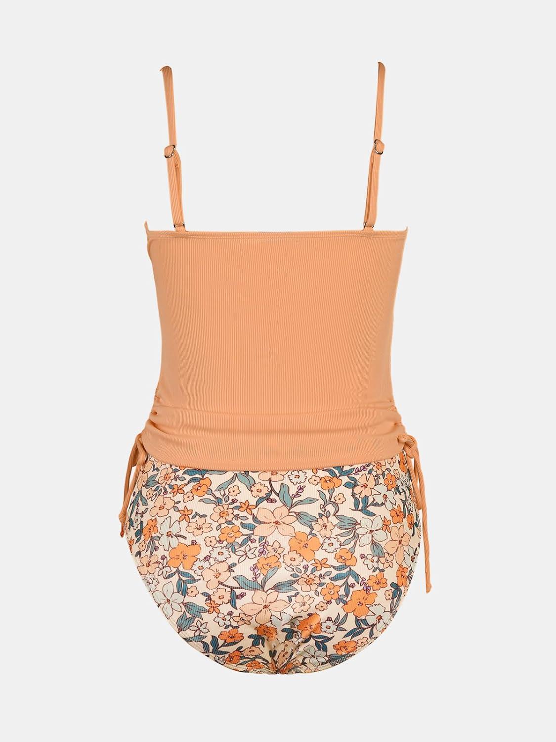 imageCUPSHE Womens Tankini Set Two Piece Swimsuit Ruched Drawstring Bathing Suits with High Waisted Bottom RibApricot Floral