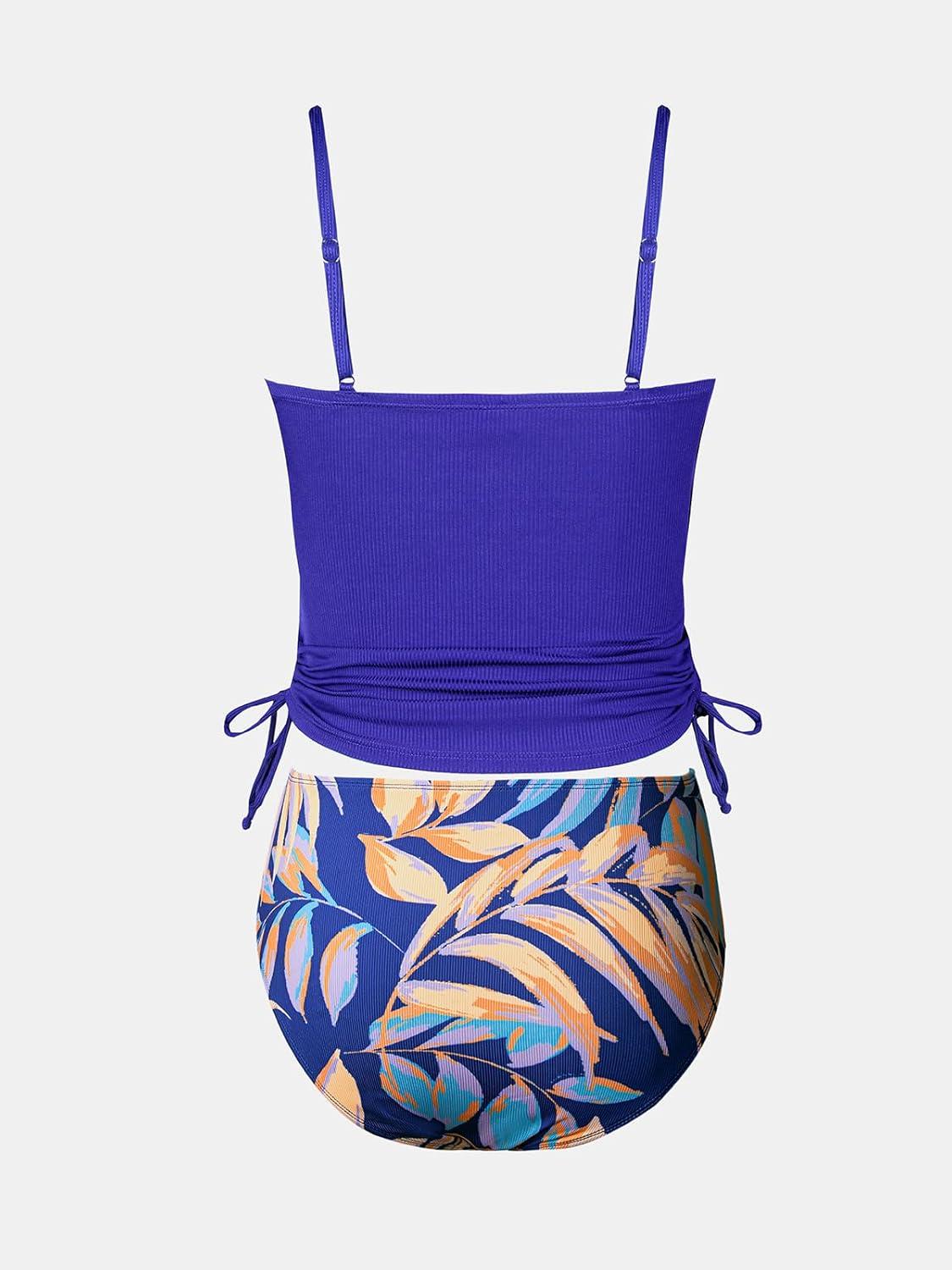 imageCUPSHE Womens Tankini Set Two Piece Swimsuit Ruched Drawstring Bathing Suits with High Waisted Bottom RibAzure Blue Floral