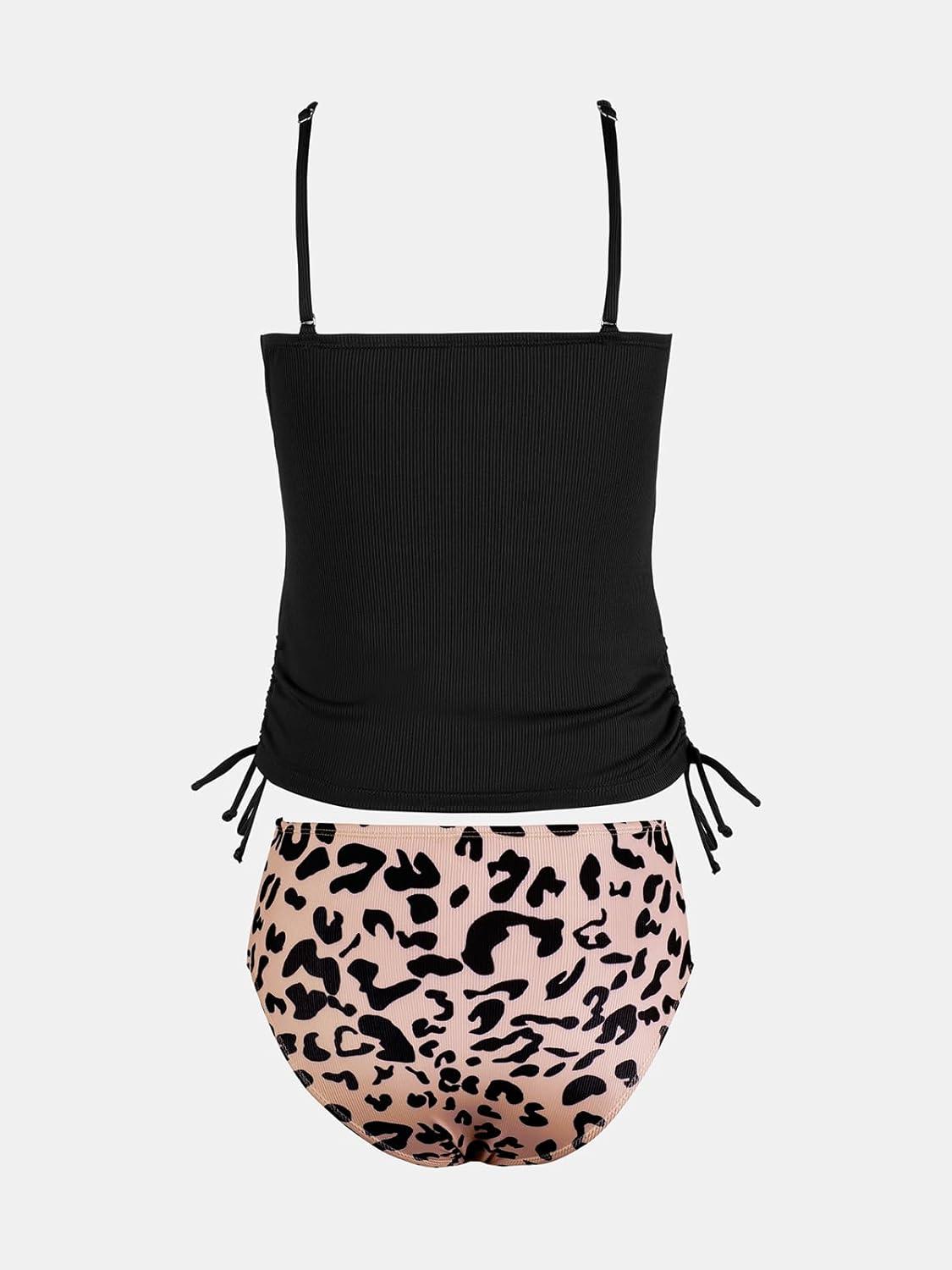 imageCUPSHE Womens Tankini Set Two Piece Swimsuit Ruched Drawstring Bathing Suits with High Waisted Bottom RibBlack Leopard