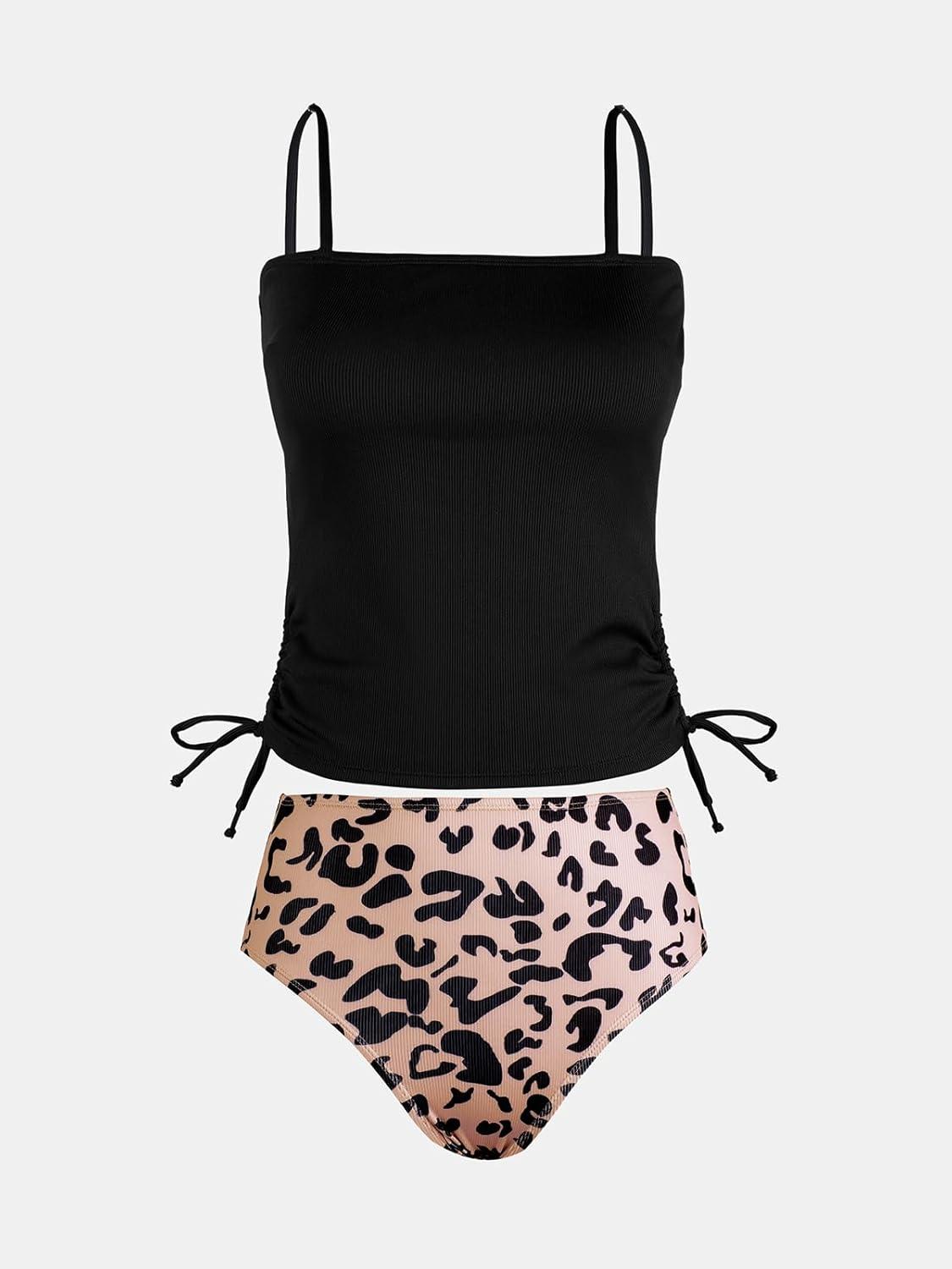 imageCUPSHE Womens Tankini Set Two Piece Swimsuit Ruched Drawstring Bathing Suits with High Waisted Bottom RibBlack Leopard