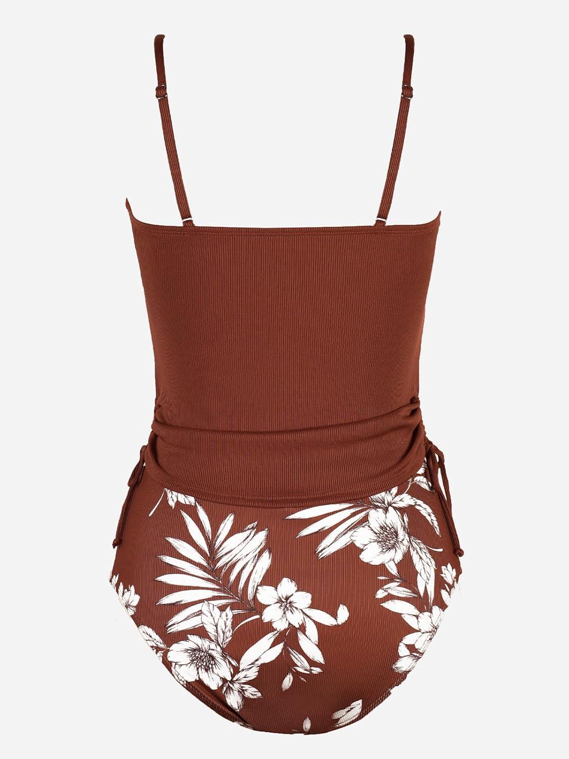 imageCUPSHE Womens Tankini Set Two Piece Swimsuit Ruched Drawstring Bathing Suits with High Waisted Bottom RibBrick Red Floral