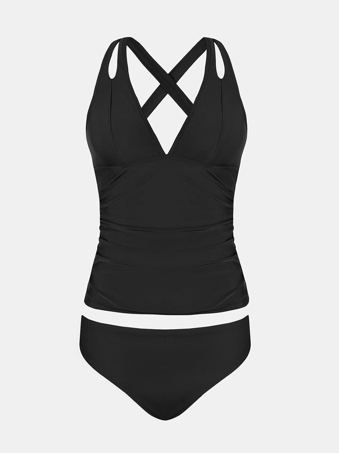 imageCUPSHE Womens Tankini Set V Neck Crisscross Adjustable Straps Cutout Two Piece Swimsuit Mid Rise RuchedBlack