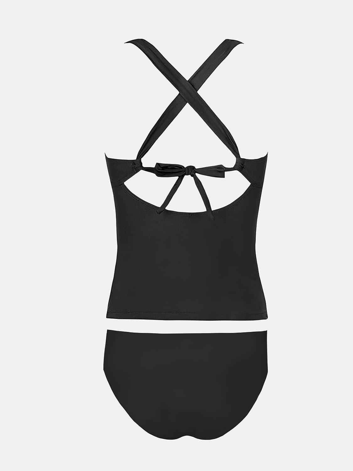 imageCUPSHE Womens Tankini Set V Neck Crisscross Adjustable Straps Cutout Two Piece Swimsuit Mid Rise RuchedBlack