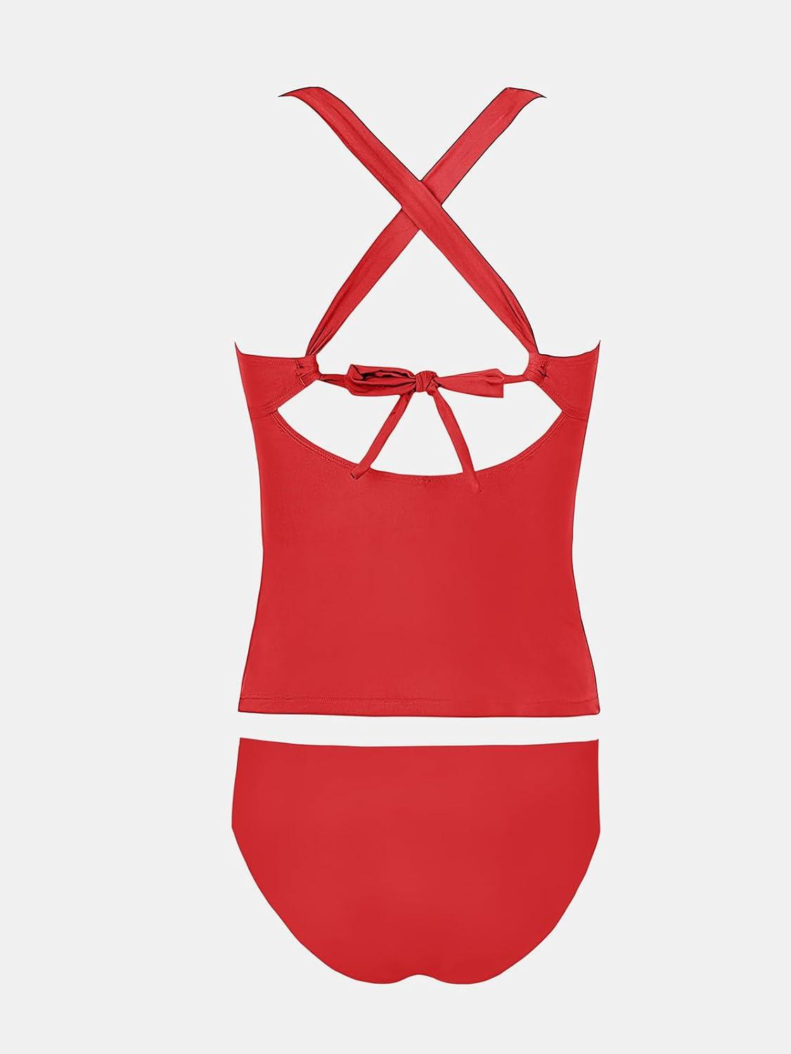 imageCUPSHE Womens Tankini Set V Neck Crisscross Adjustable Straps Cutout Two Piece Swimsuit Mid Rise RuchedCoral Red