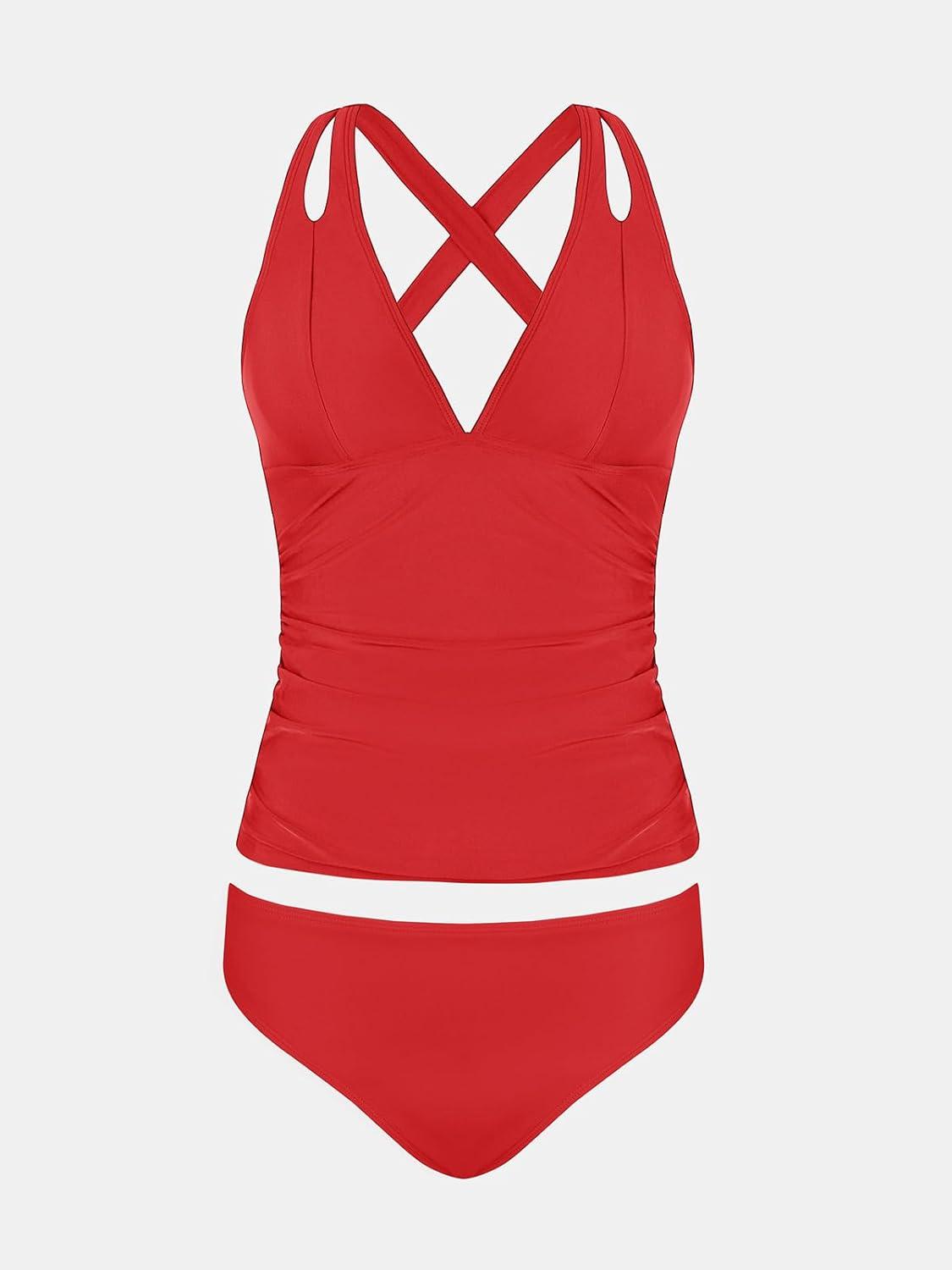 imageCUPSHE Womens Tankini Set V Neck Crisscross Adjustable Straps Cutout Two Piece Swimsuit Mid Rise RuchedCoral Red