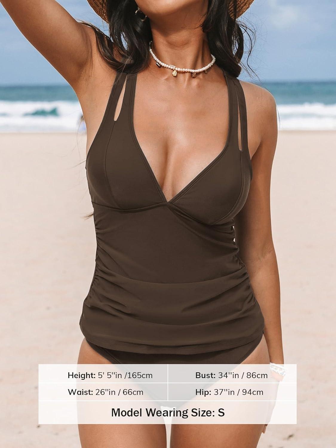 imageCUPSHE Womens Tankini Set V Neck Crisscross Adjustable Straps Cutout Two Piece Swimsuit Mid Rise RuchedDark Brown