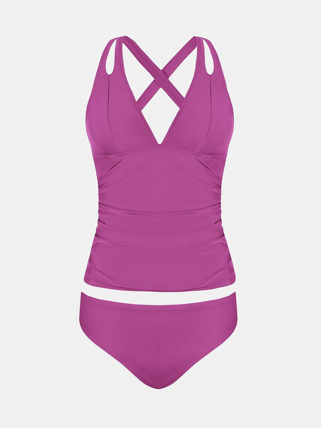 imageCUPSHE Womens Tankini Set V Neck Crisscross Adjustable Straps Cutout Two Piece Swimsuit Mid Rise RuchedDark Fuchsia