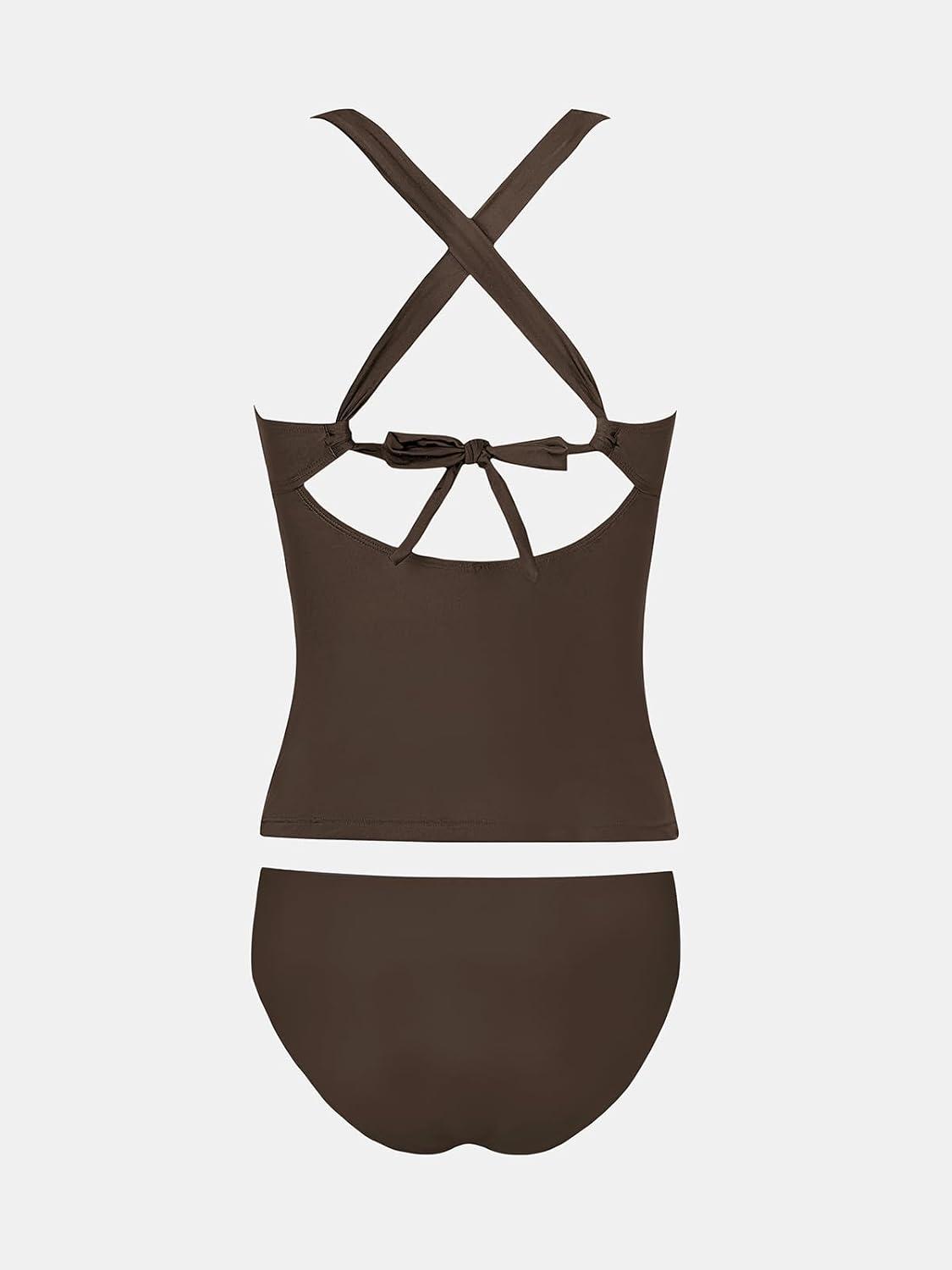imageCUPSHE Womens Tankini Set V Neck Crisscross Adjustable Straps Cutout Two Piece Swimsuit Mid Rise RuchedPdark Brown