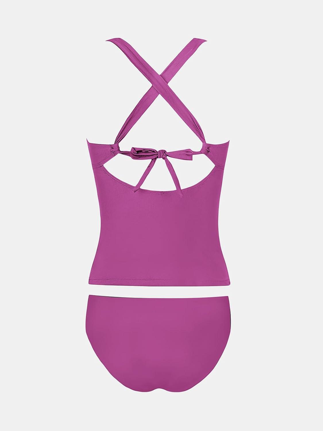 imageCUPSHE Womens Tankini Set V Neck Crisscross Adjustable Straps Cutout Two Piece Swimsuit Mid Rise RuchedPdark Fuchsia