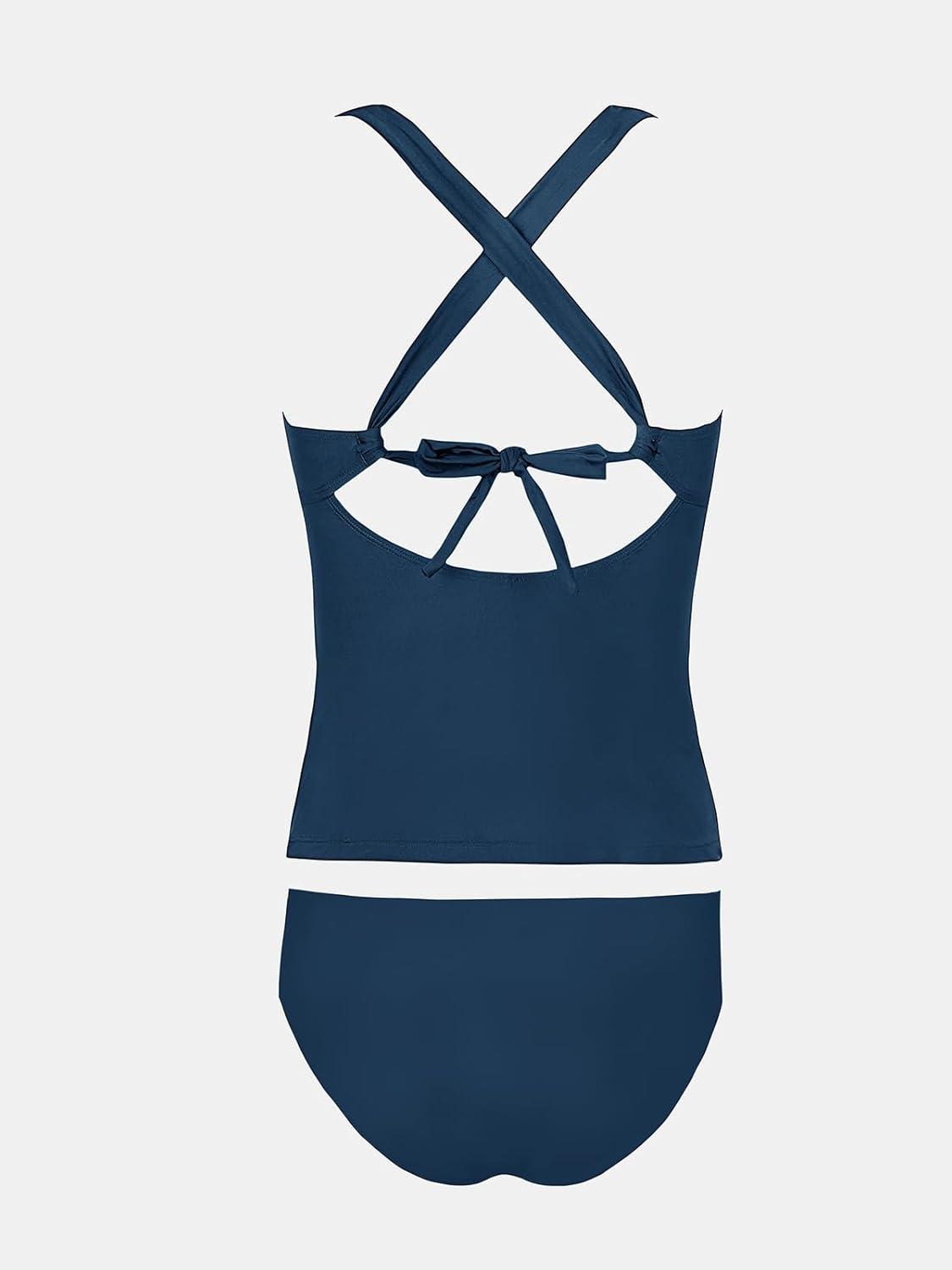 imageCUPSHE Womens Tankini Set V Neck Crisscross Adjustable Straps Cutout Two Piece Swimsuit Mid Rise RuchedPnavy Blue