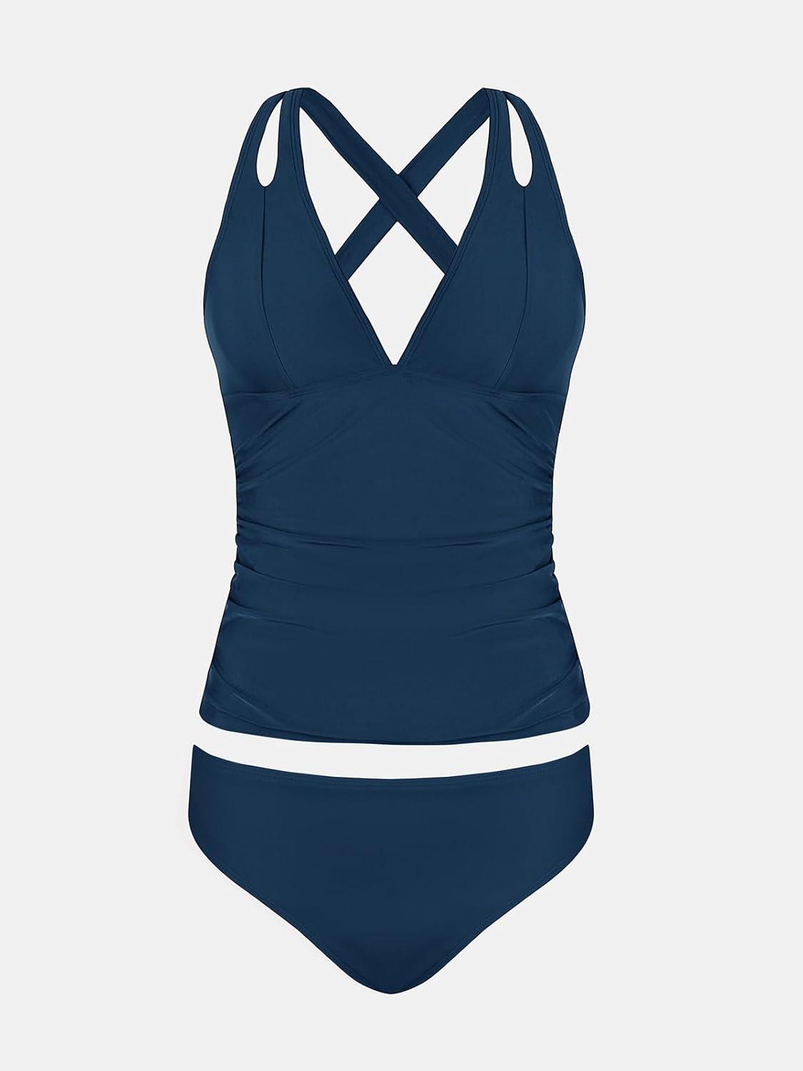 imageCUPSHE Womens Tankini Set V Neck Crisscross Adjustable Straps Cutout Two Piece Swimsuit Mid Rise RuchedPnavy Blue