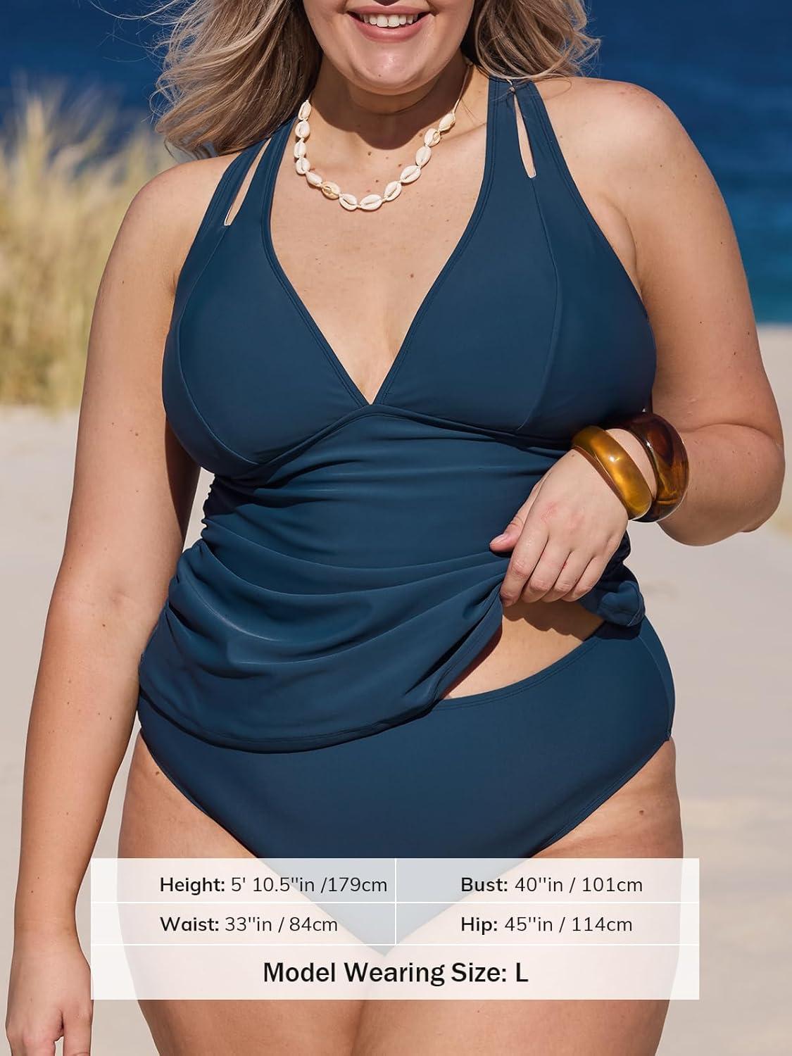 imageCUPSHE Womens Tankini Set V Neck Crisscross Adjustable Straps Cutout Two Piece Swimsuit Mid Rise RuchedPnavy Blue