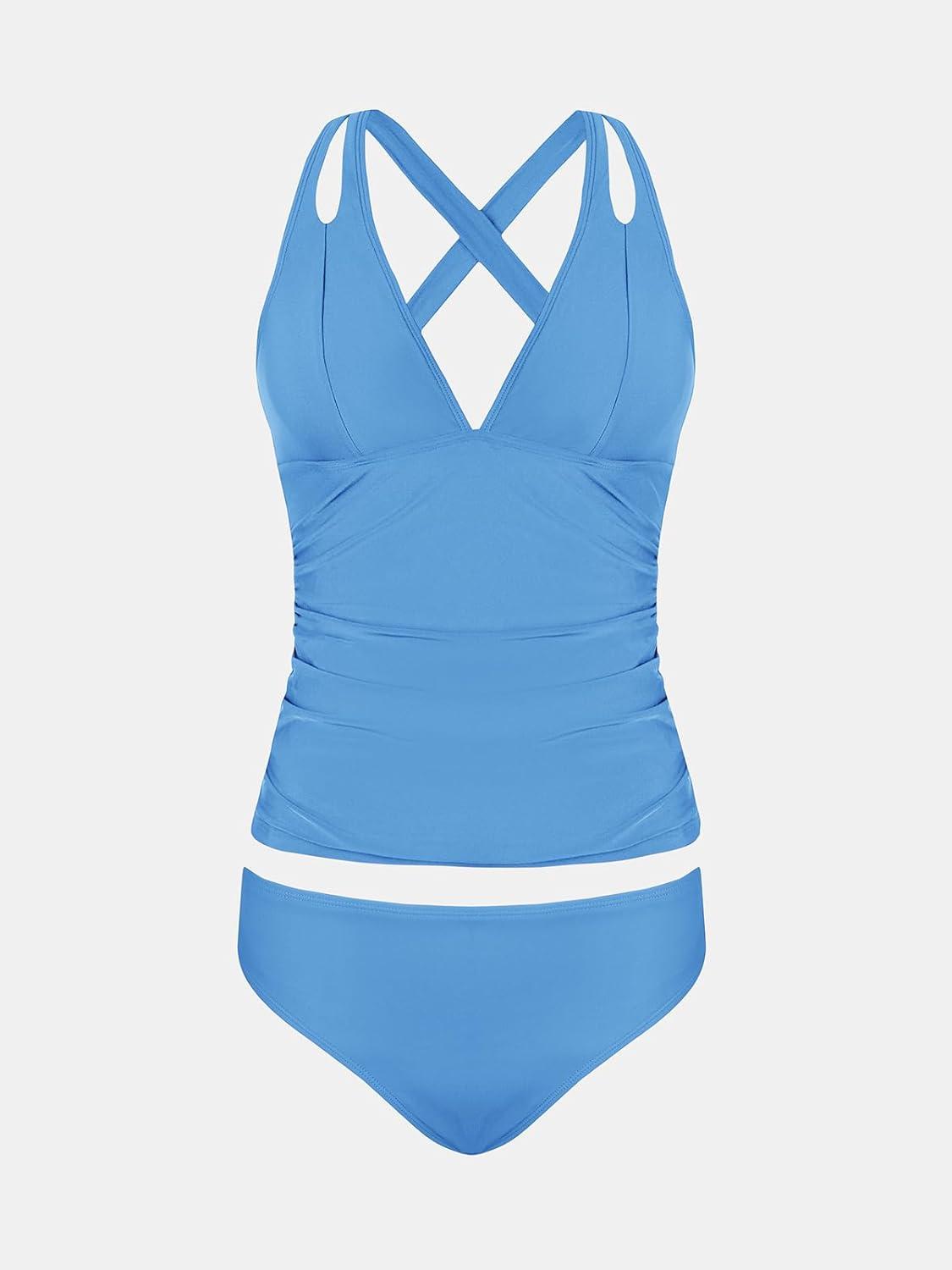 imageCUPSHE Womens Tankini Set V Neck Crisscross Adjustable Straps Cutout Two Piece Swimsuit Mid Rise RuchedPsky Blue