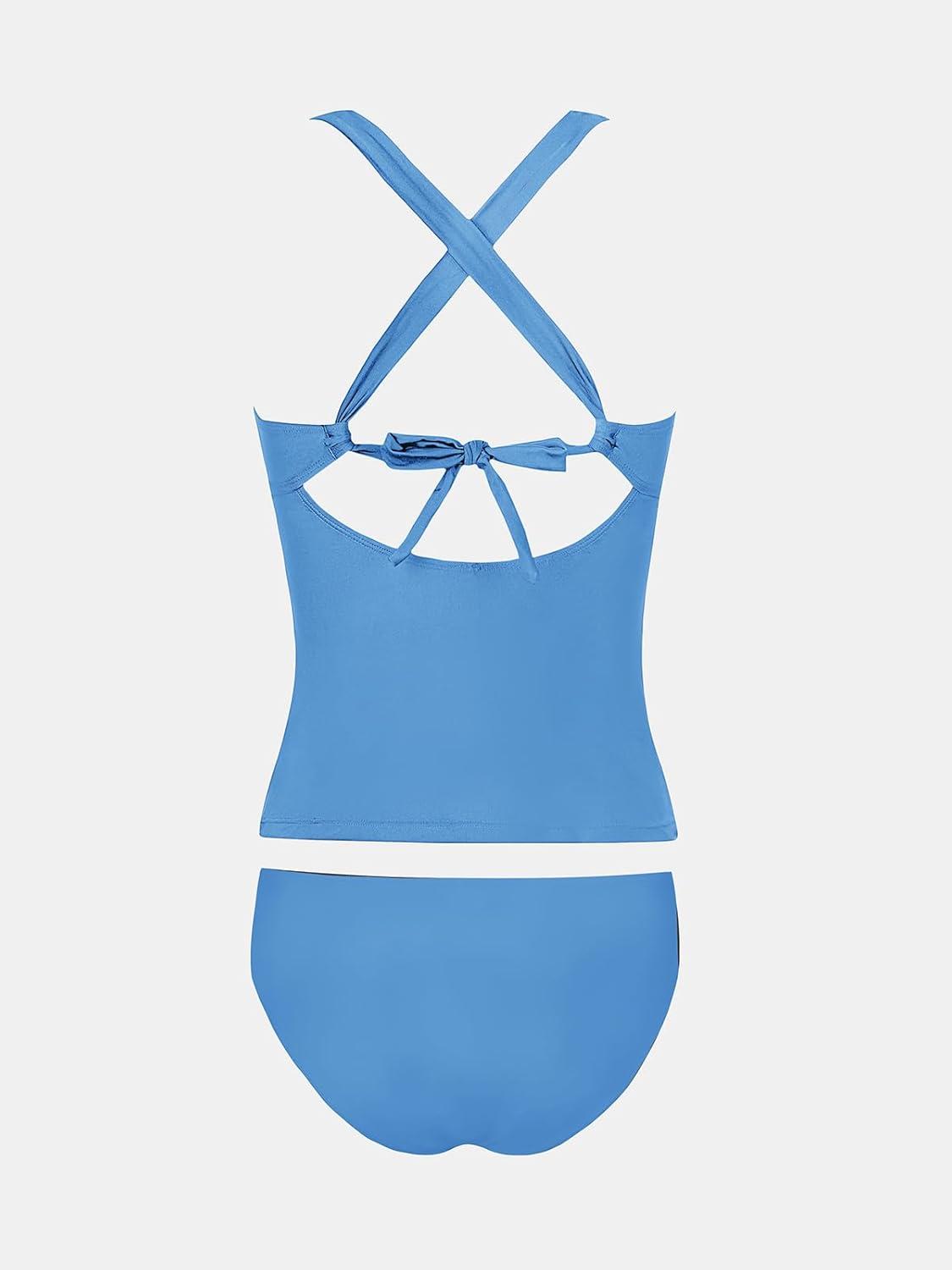 imageCUPSHE Womens Tankini Set V Neck Crisscross Adjustable Straps Cutout Two Piece Swimsuit Mid Rise RuchedPsky Blue