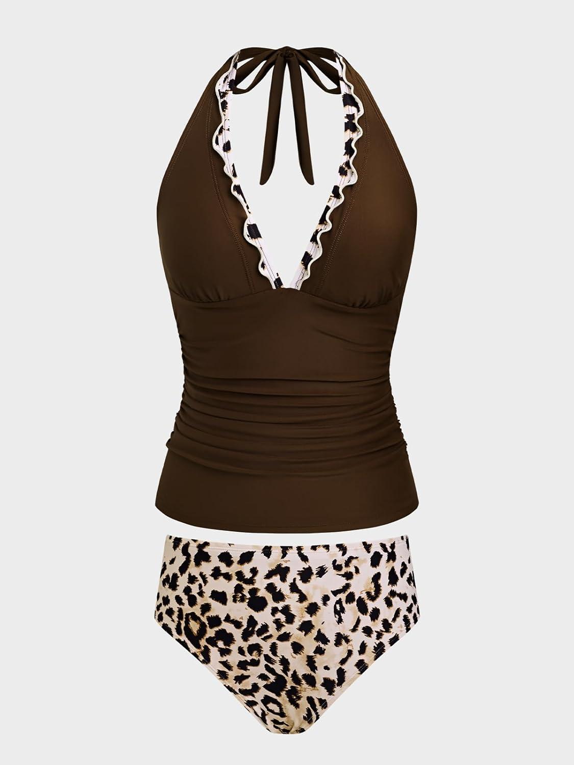 imageCUPSHE Womens Tankini Sets Halter V Neck Two Piece Bathing Suits Adjustable Straps Mid Rise SwimwearBrownLeopard