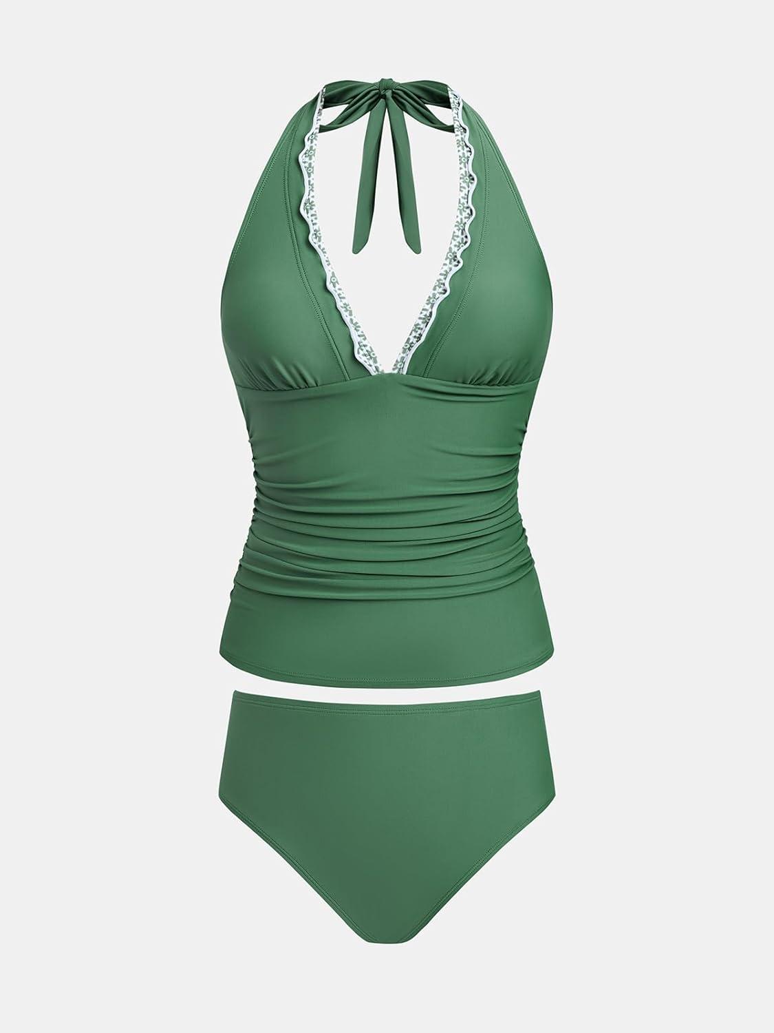 imageCUPSHE Womens Tankini Sets Halter V Neck Two Piece Bathing Suits Adjustable Straps Mid Rise SwimwearSage Green