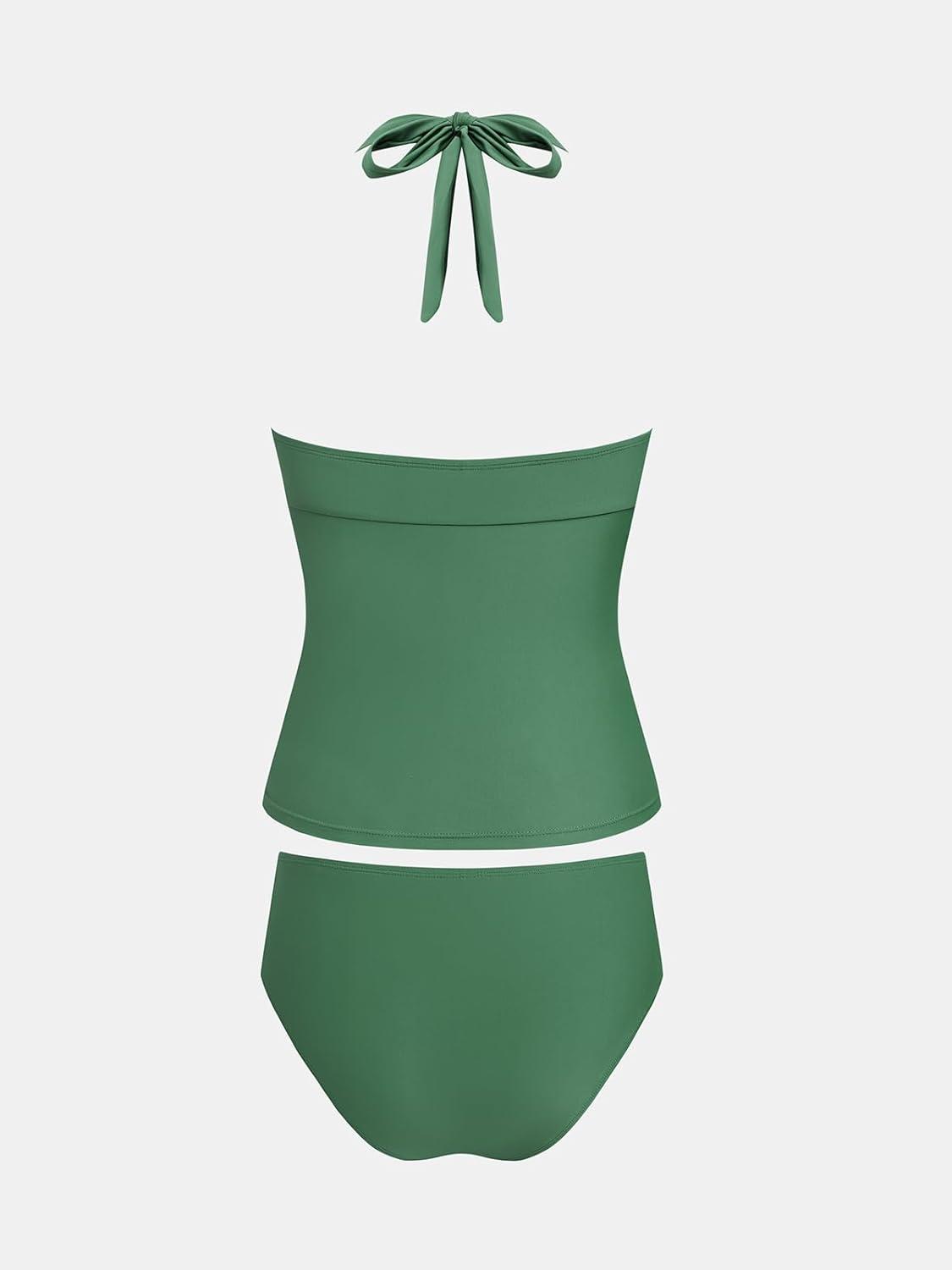imageCUPSHE Womens Tankini Sets Halter V Neck Two Piece Bathing Suits Adjustable Straps Mid Rise SwimwearSage Green