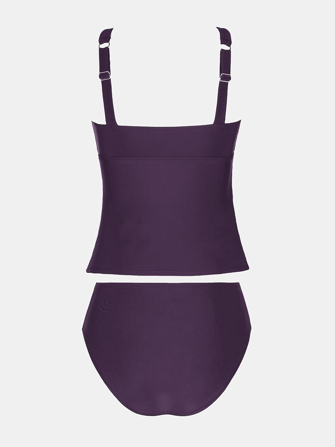 imageCUPSHE Womens Tankini Sets High Neck Mesh Cutouts Two Piece Bathing Suits Adjustable Straps Mid Rise SwimwearDeep Purple