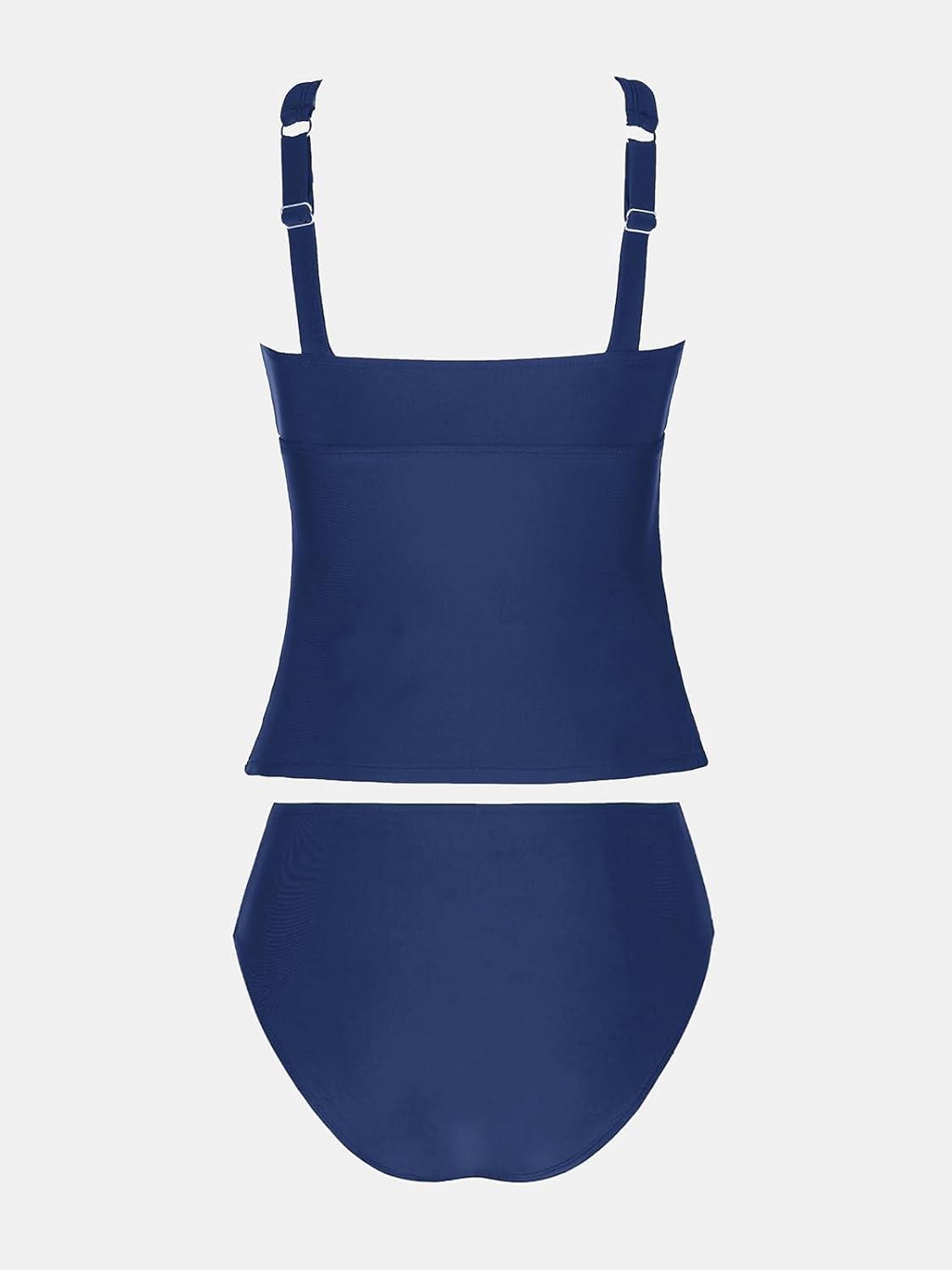 imageCUPSHE Womens Tankini Sets High Neck Mesh Cutouts Two Piece Bathing Suits Adjustable Straps Mid Rise SwimwearNavy Blue