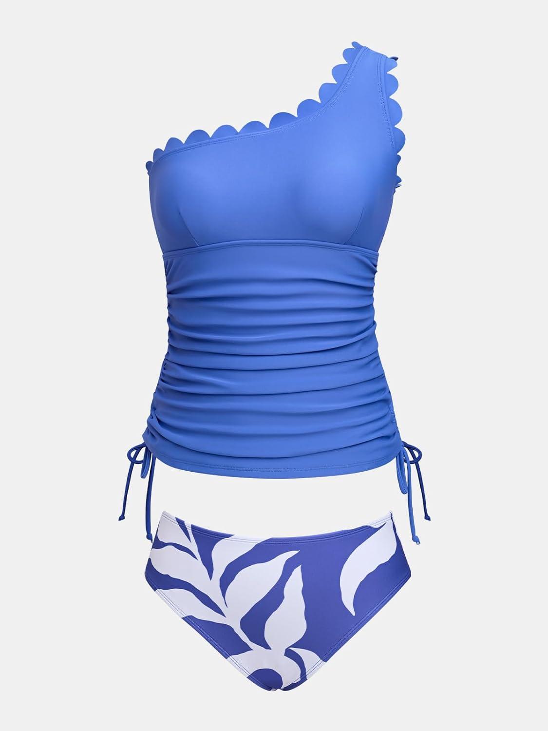 imageCUPSHE Womens Tankini Sets One Shoulder Scalloped Neck Two Piece Bathing Suit Side Tie Ruched SwimsuitBright BlueAbstract