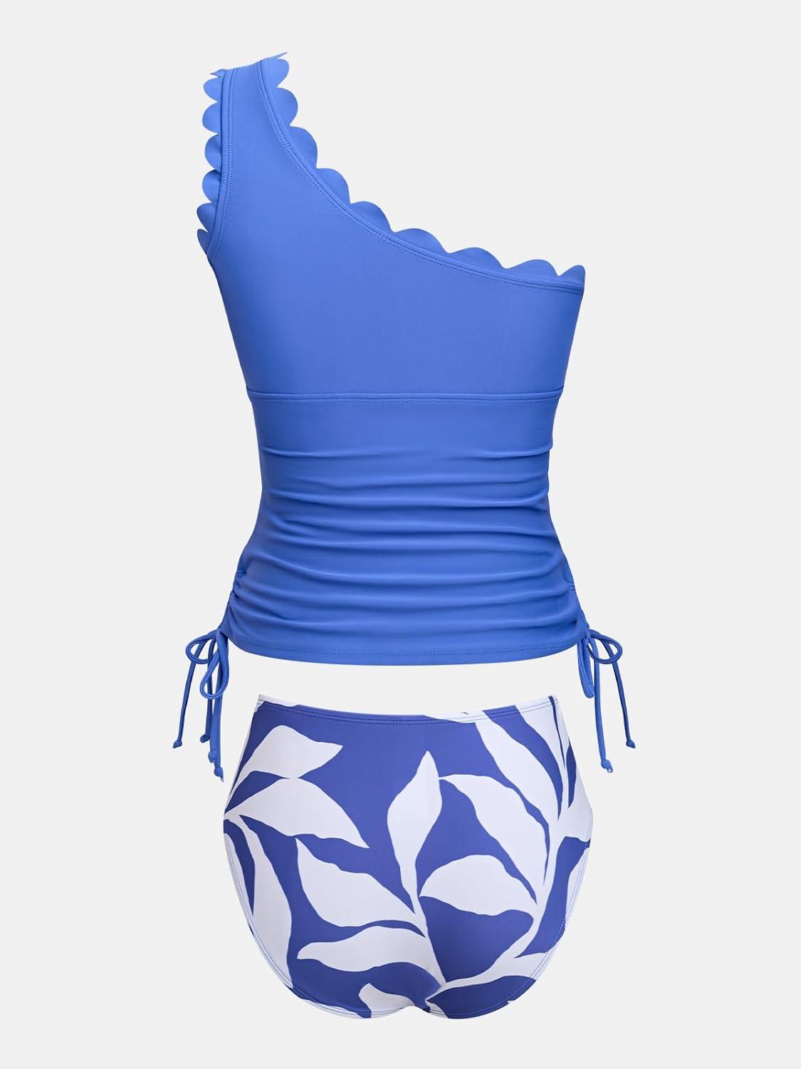 imageCUPSHE Womens Tankini Sets One Shoulder Scalloped Neck Two Piece Bathing Suit Side Tie Ruched SwimsuitBright BlueAbstract