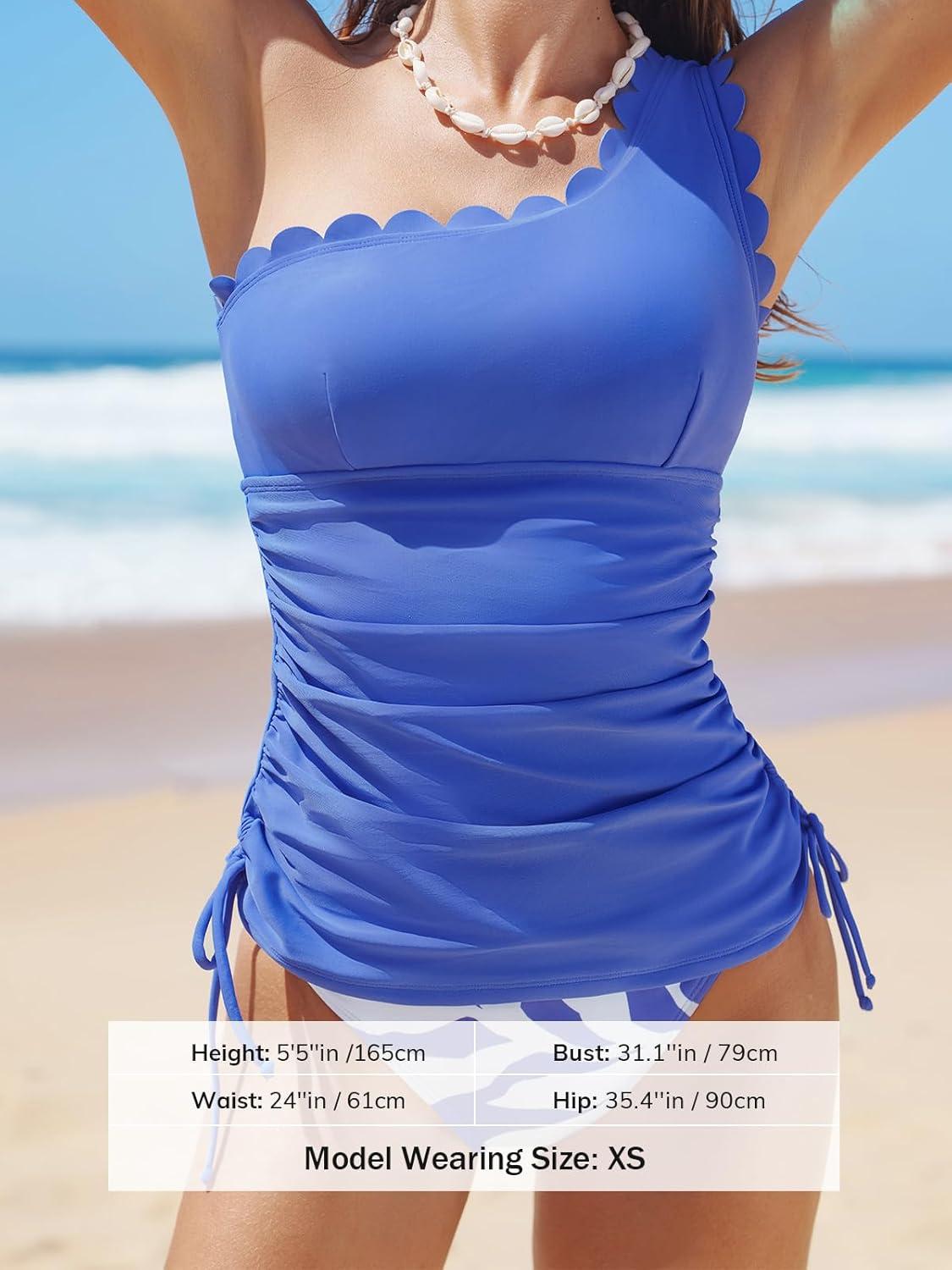 imageCUPSHE Womens Tankini Sets One Shoulder Scalloped Neck Two Piece Bathing Suit Side Tie Ruched SwimsuitBright BlueAbstract