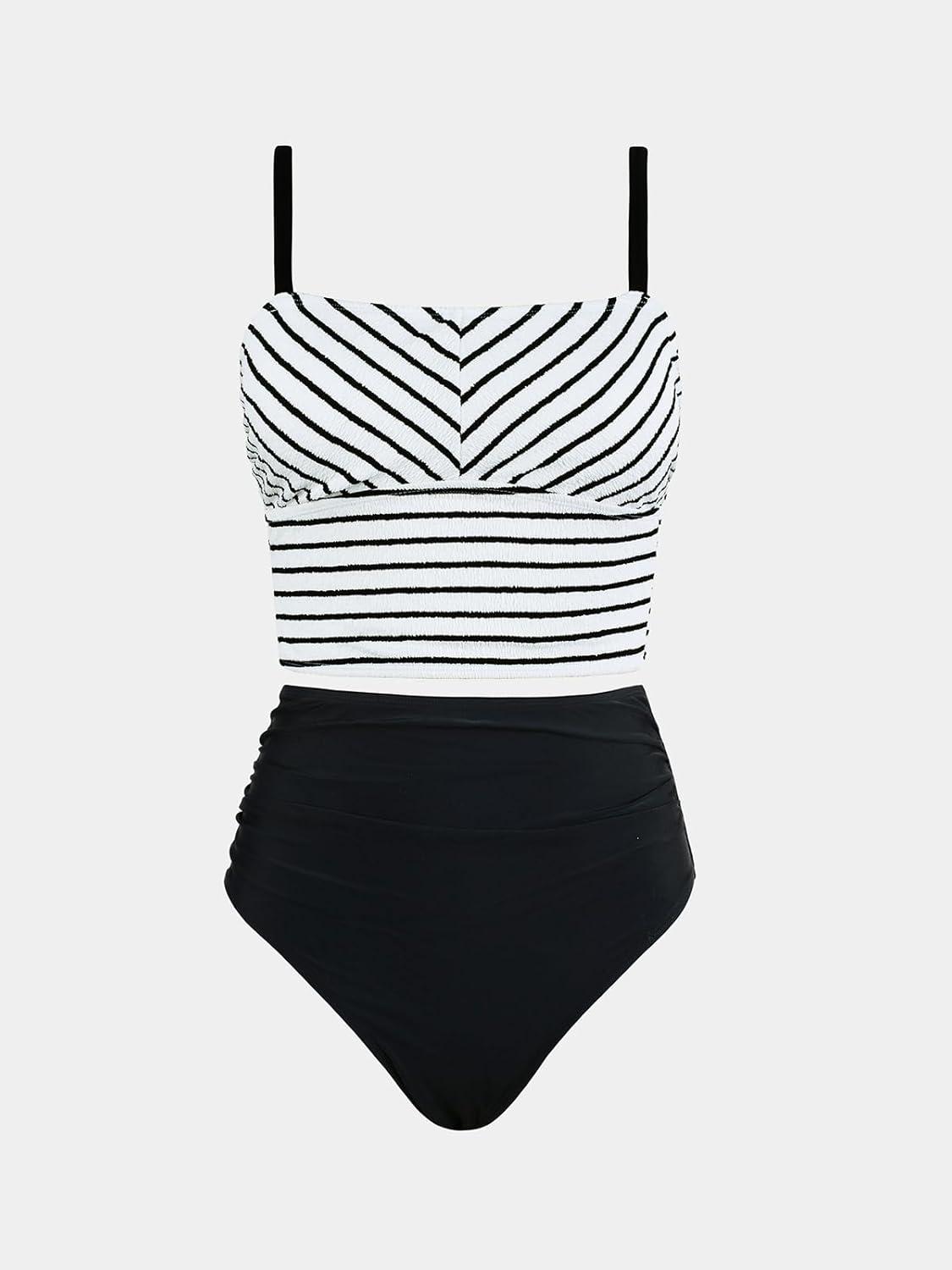 imageCUPSHE Womens Tankini Sets Square Neck Elastic High Waisted Two Piece Bathing Suits Adjustable Straps SwimwearBlackStriped