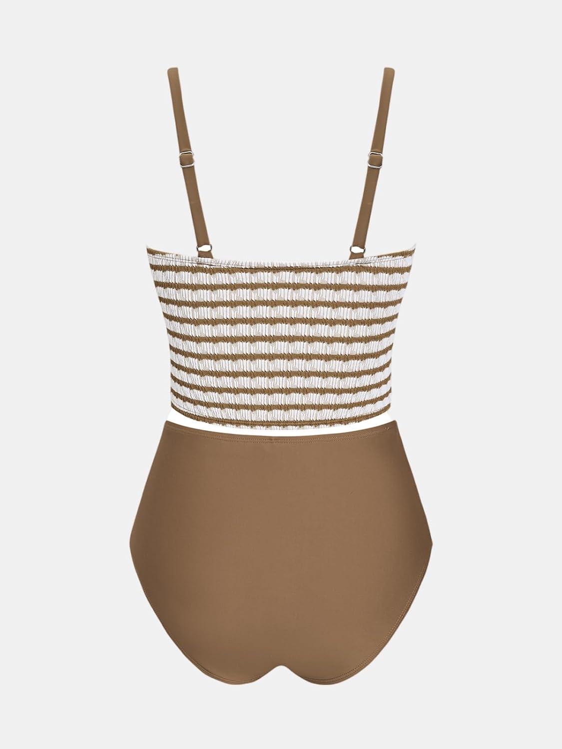 imageCUPSHE Womens Tankini Sets Square Neck Elastic High Waisted Two Piece Bathing Suits Adjustable Straps SwimwearBrownStriped