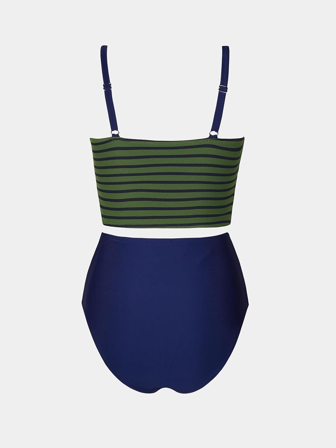imageCUPSHE Womens Tankini Sets Square Neck Elastic High Waisted Two Piece Bathing Suits Adjustable Straps SwimwearOlive GreenNavy Striped