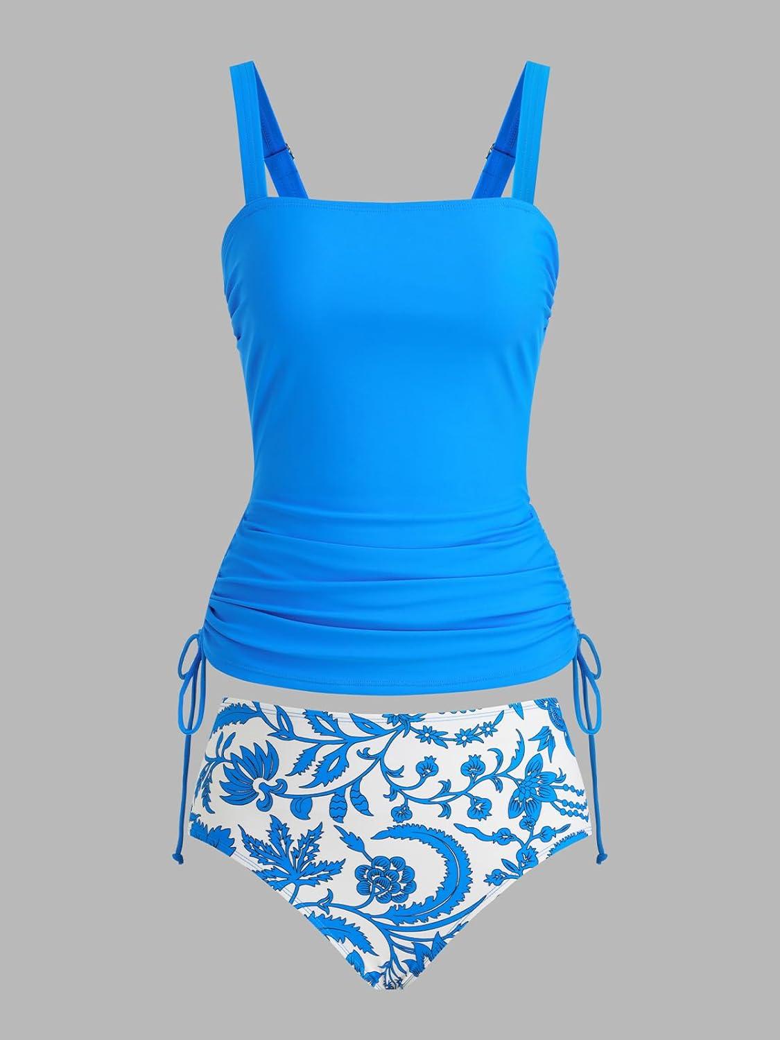 imageCUPSHE Womens Tankini Sets Square Neck High Waisted Two Piece Bathing Suits Adjustable Straps Drawstring SwimwearBright BlueFloral