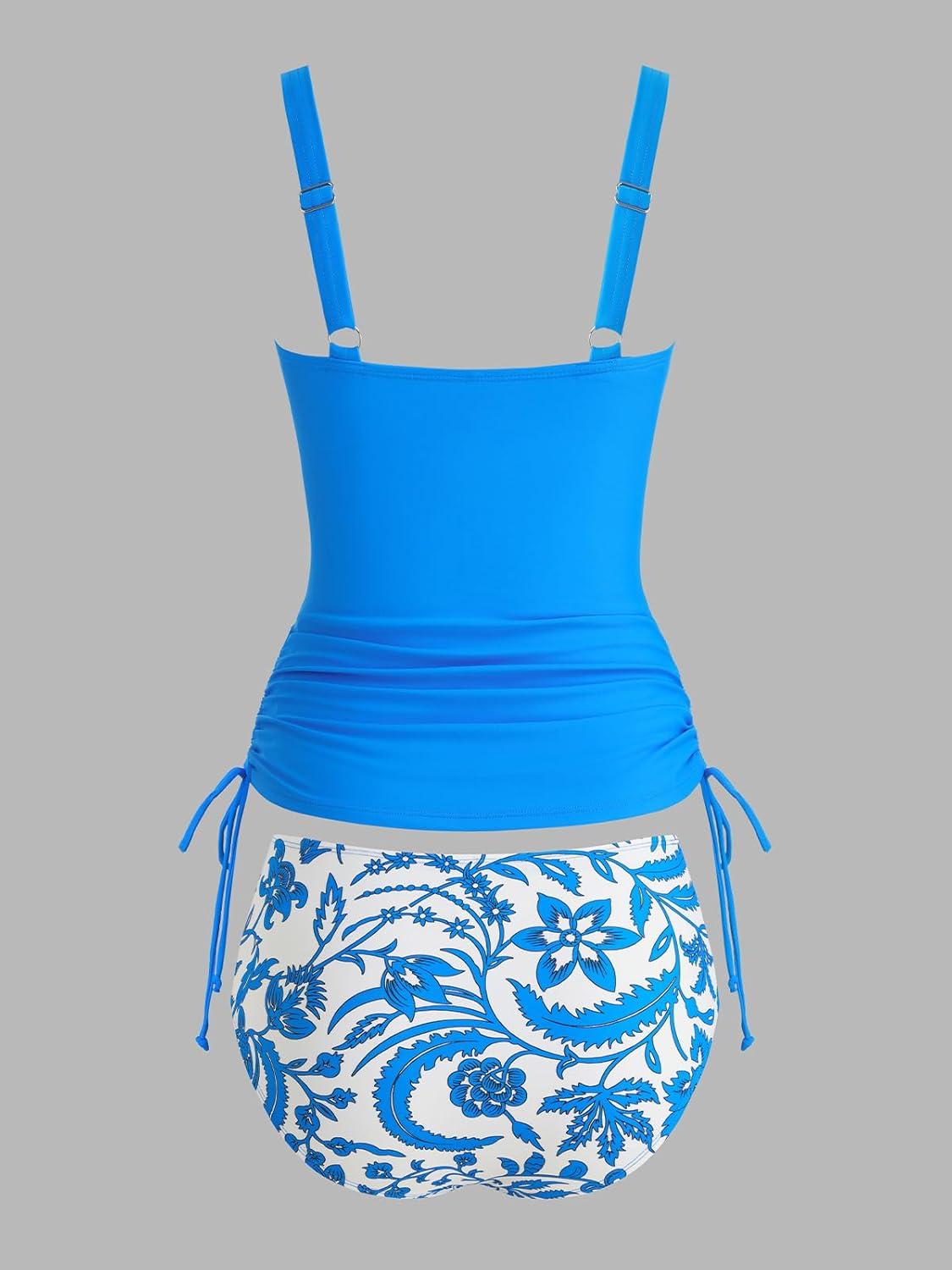 imageCUPSHE Womens Tankini Sets Square Neck High Waisted Two Piece Bathing Suits Adjustable Straps Drawstring SwimwearBright BlueFloral